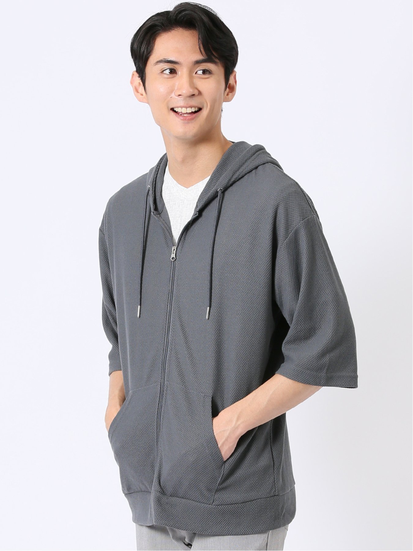 【SALE／10%OFF】m.f.editorial カウラ/Kaule ハニカム メッシュ 半端袖 パーカー タカキュー トップス パーカー・フーディー ブルー グレー【送料無料】