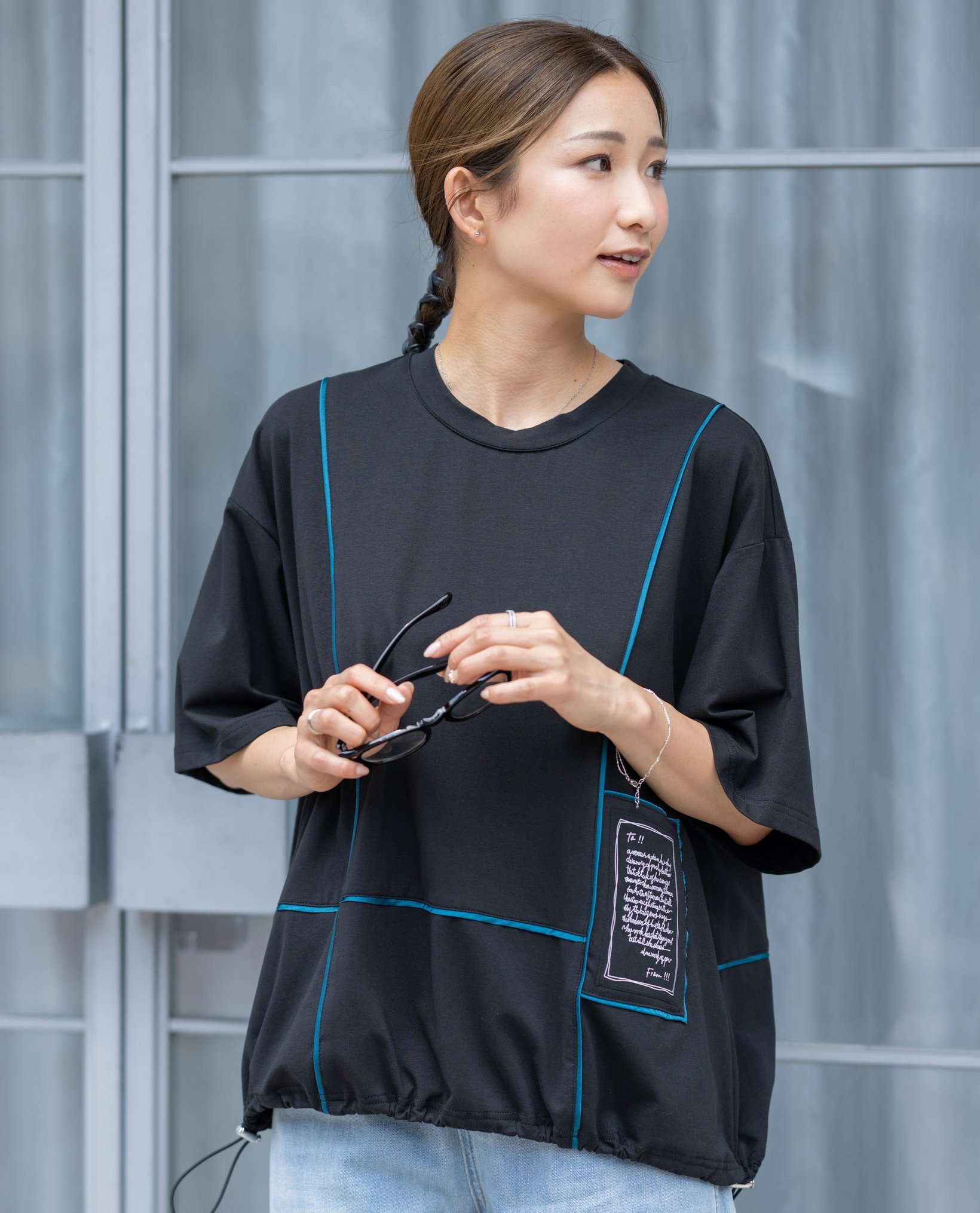 YEVS 配色ワッペンTシャツ ドロスト 半袖 レディース イーブス トップス カットソー・Tシャツ ホワイト ブラック グレー
