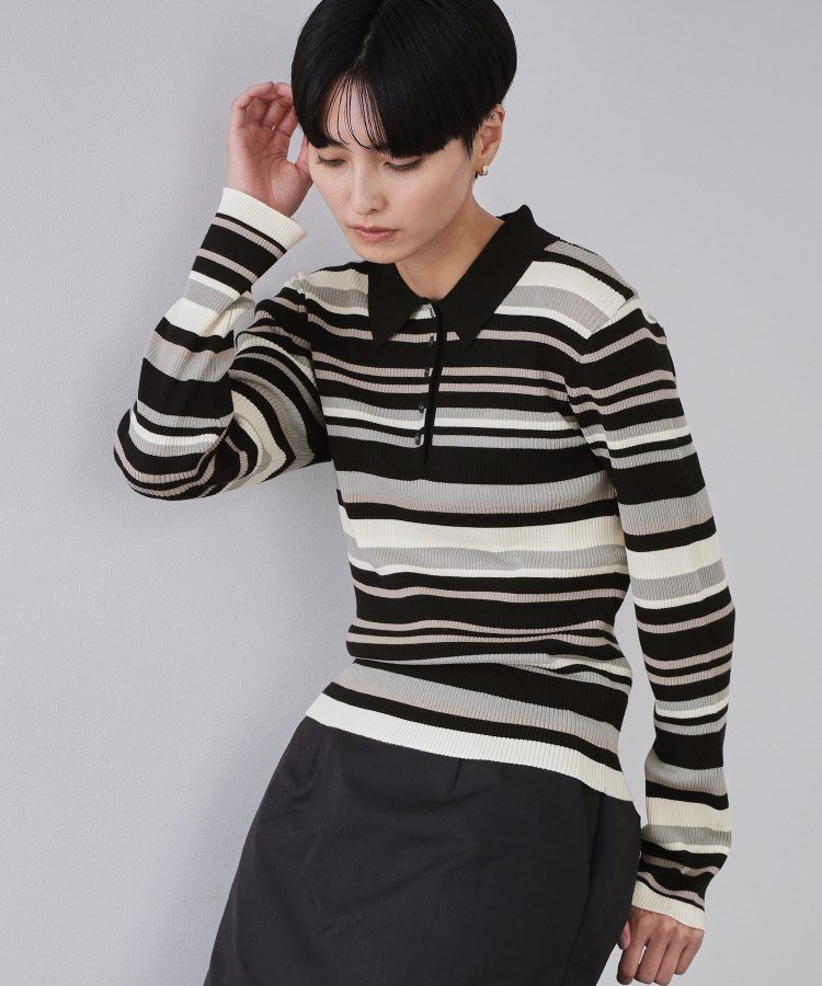 OPAQUE.CLIP マルチボーダーポロニット【洗濯機OK】 オペークドットクリップ トップス ニット ブラウン ブラック【送料無料】のサムネイル