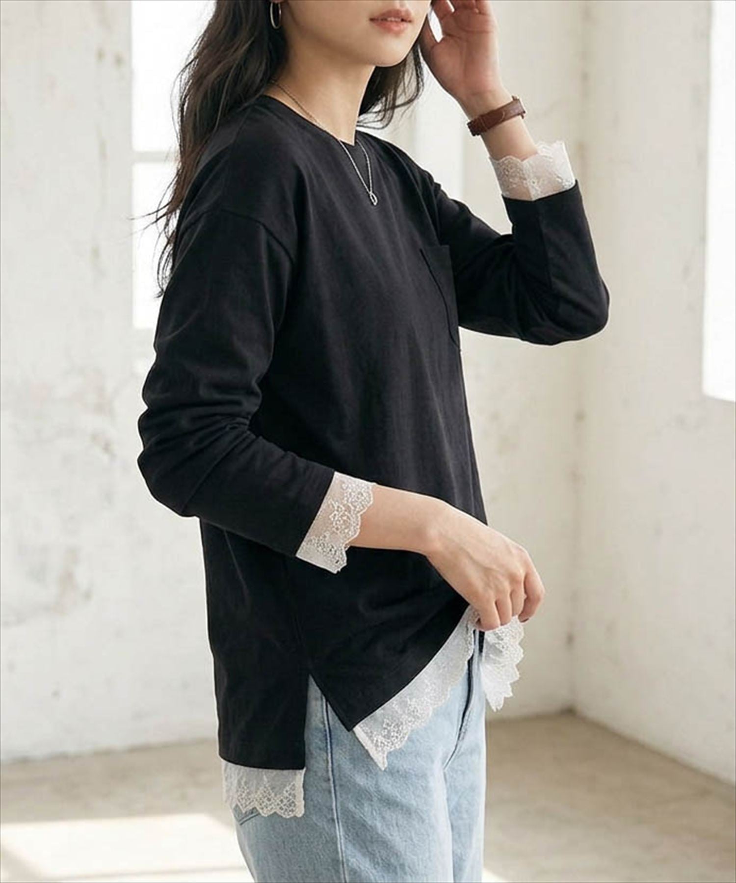 La-gemme レースレイヤード風 プルオーバ/デザインカットソー ラジュール トップス カットソー・Tシャツ ベージュ ブラック