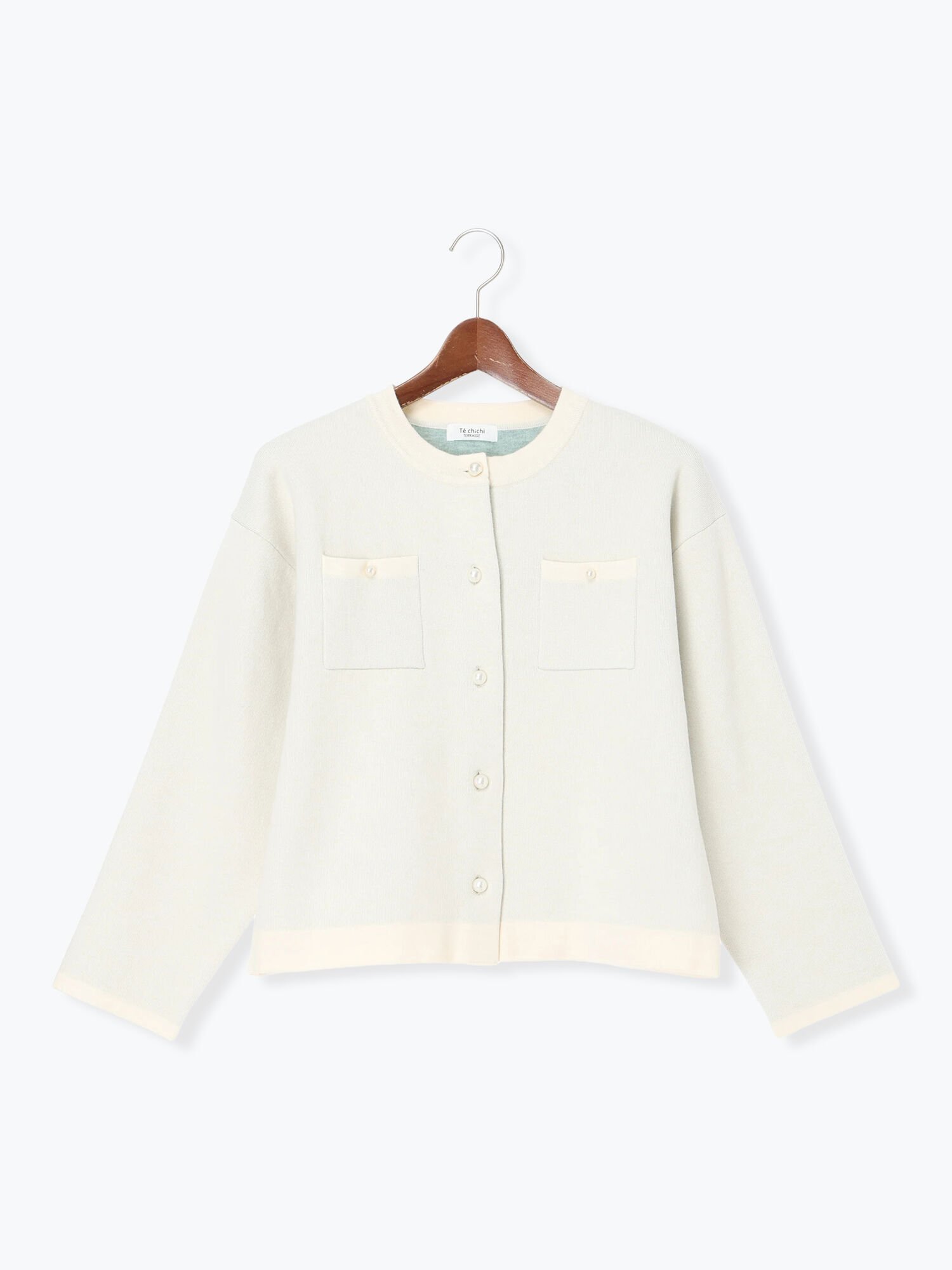 Te chichi TERRASSE パール釦バイカラーニットカーディガン テチチ トップス カーディガン グレー ベージュ ネイビー ホワイト【送料無料】のサムネイル