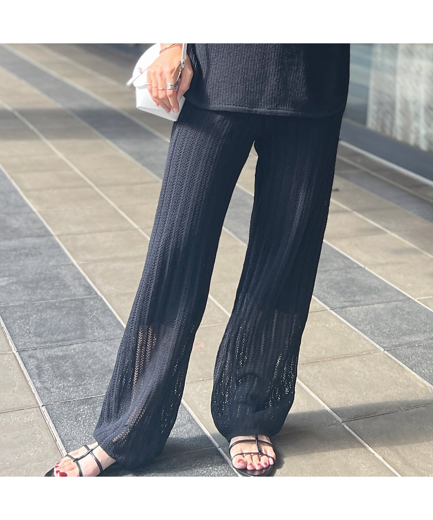 Rouge vif la cle 【セットアップ対応】麻混レーシーニットパンツ ルージュ・ヴィフ ラクレ パンツ その他のパンツ ブラウン ブラック