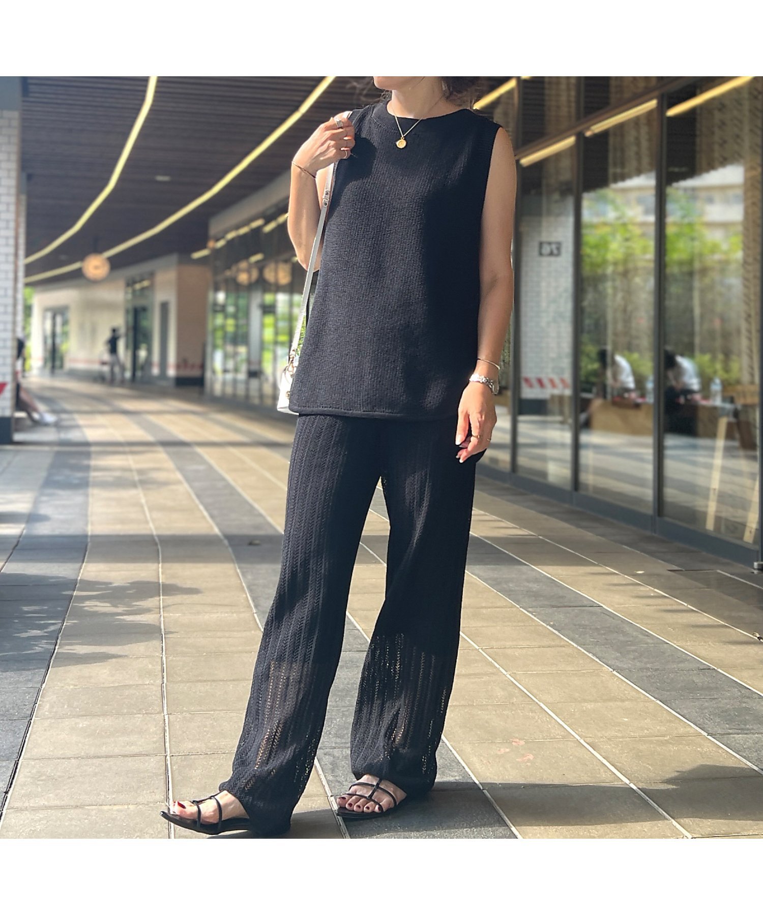 Rouge vif la cle 【セットアップ対応】麻混レーシーニットパンツ ルージュ・ヴィフ ラクレ パンツ その他のパンツ ブラウン ブラック