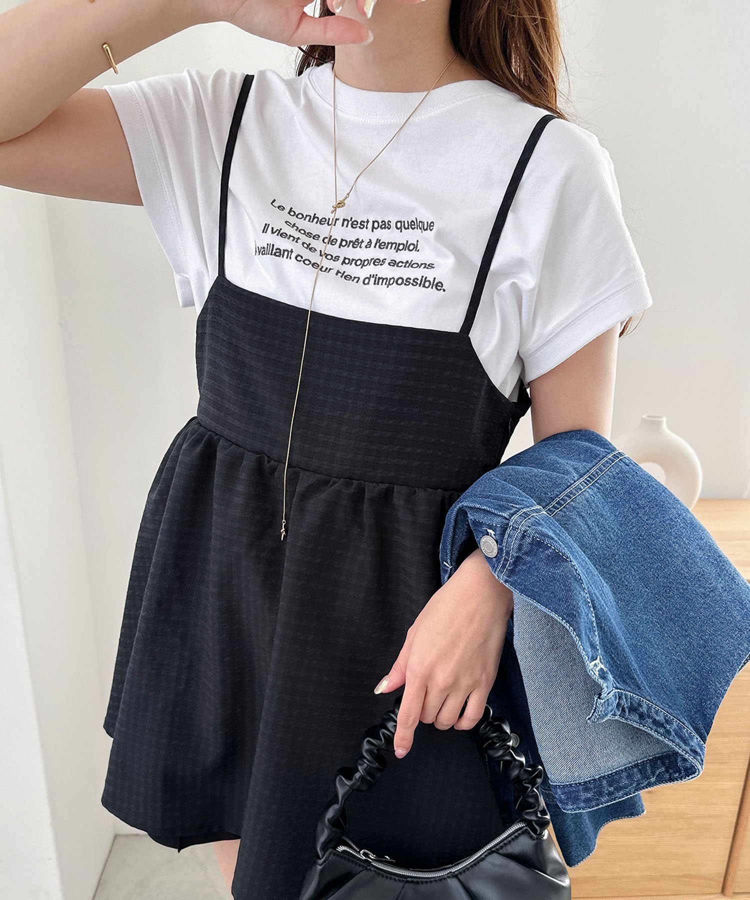 【SALE/35%OFF】andme チェック柄 バックリボン ペプラム キャミソール アンドミー トップス キャミソール ブラック ホワイト