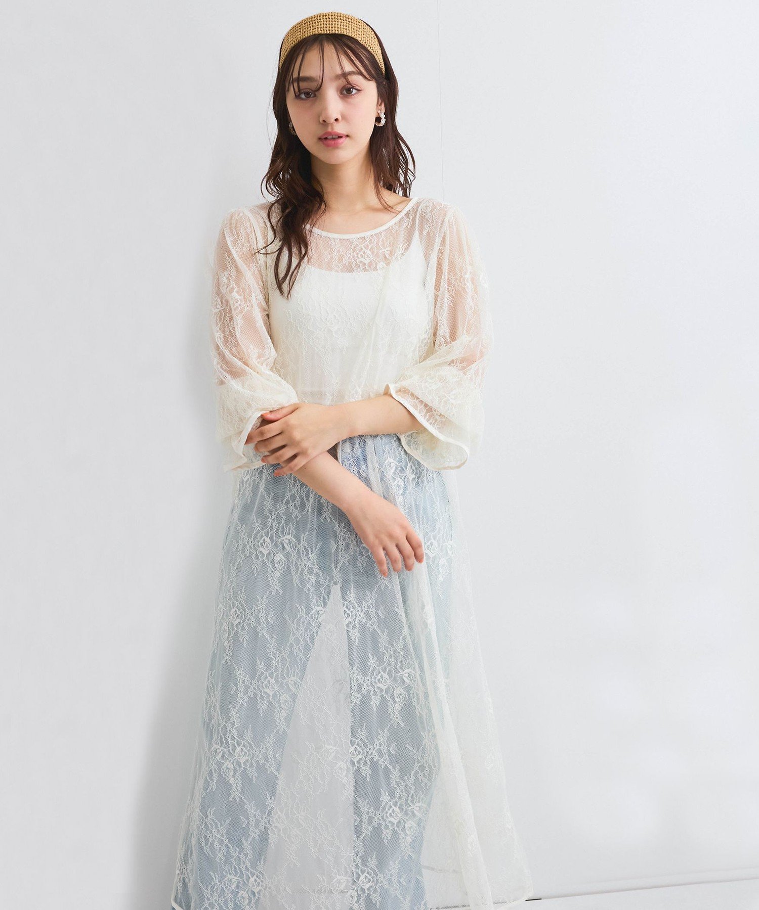 QUEENS COURT シアーストレッチレースワンピース≪洗濯機で洗える≫ クイーンズコート ワンピース・ドレス ワンピース ホワイト ブラック