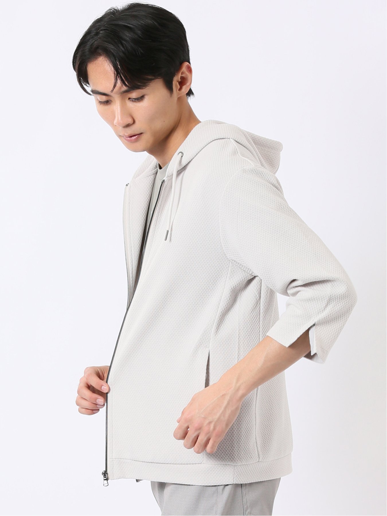 【SALE／10%OFF】TAKA-Q ワッフル ジャガード フルジップ 7分袖 パーカー タカキュー トップス パーカー・フーディー グレー ネイビー