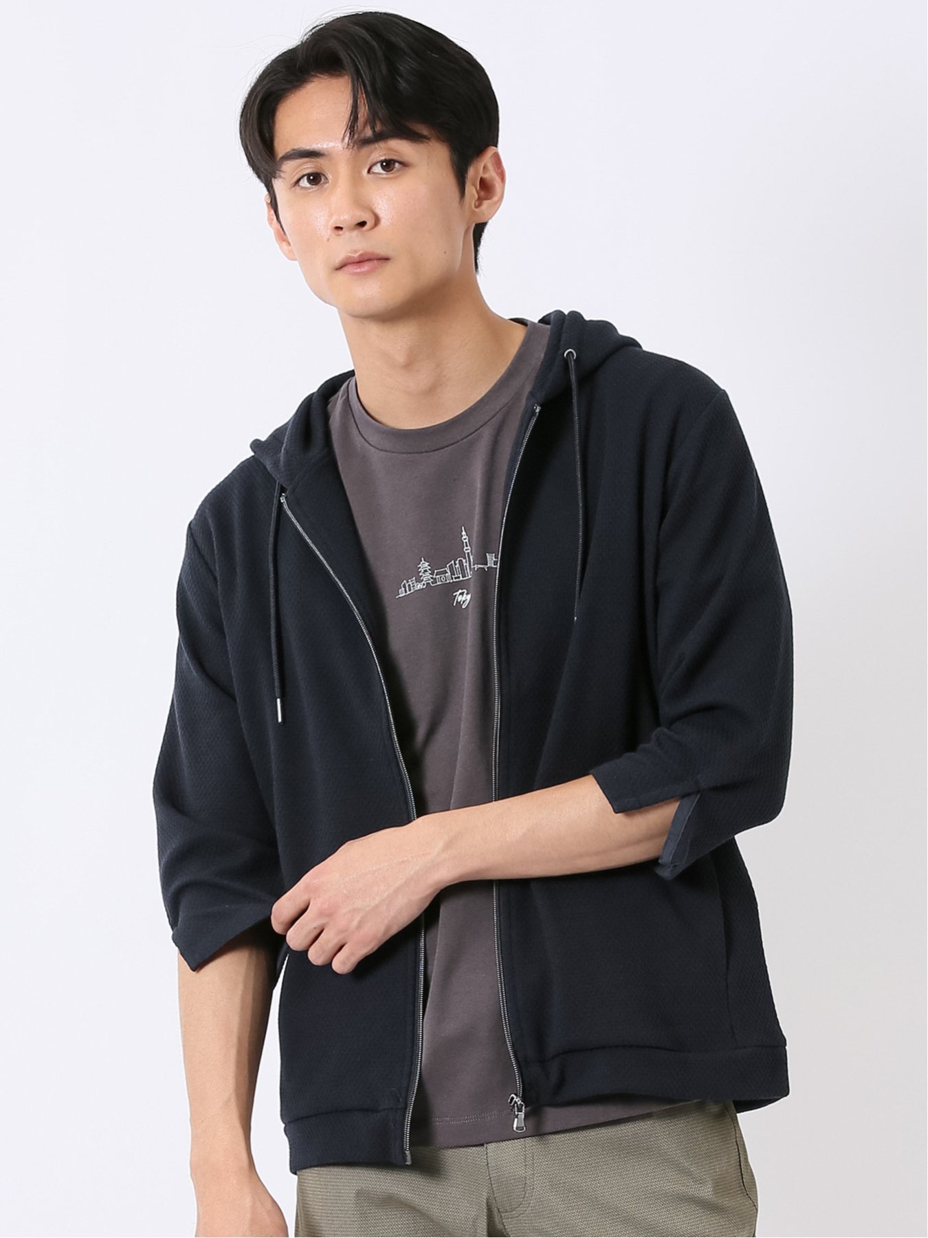 【SALE／10%OFF】TAKA-Q ワッフル ジャガード フルジップ 7分袖 パーカー タカキュー トップス パーカー・フーディー グレー ネイビー