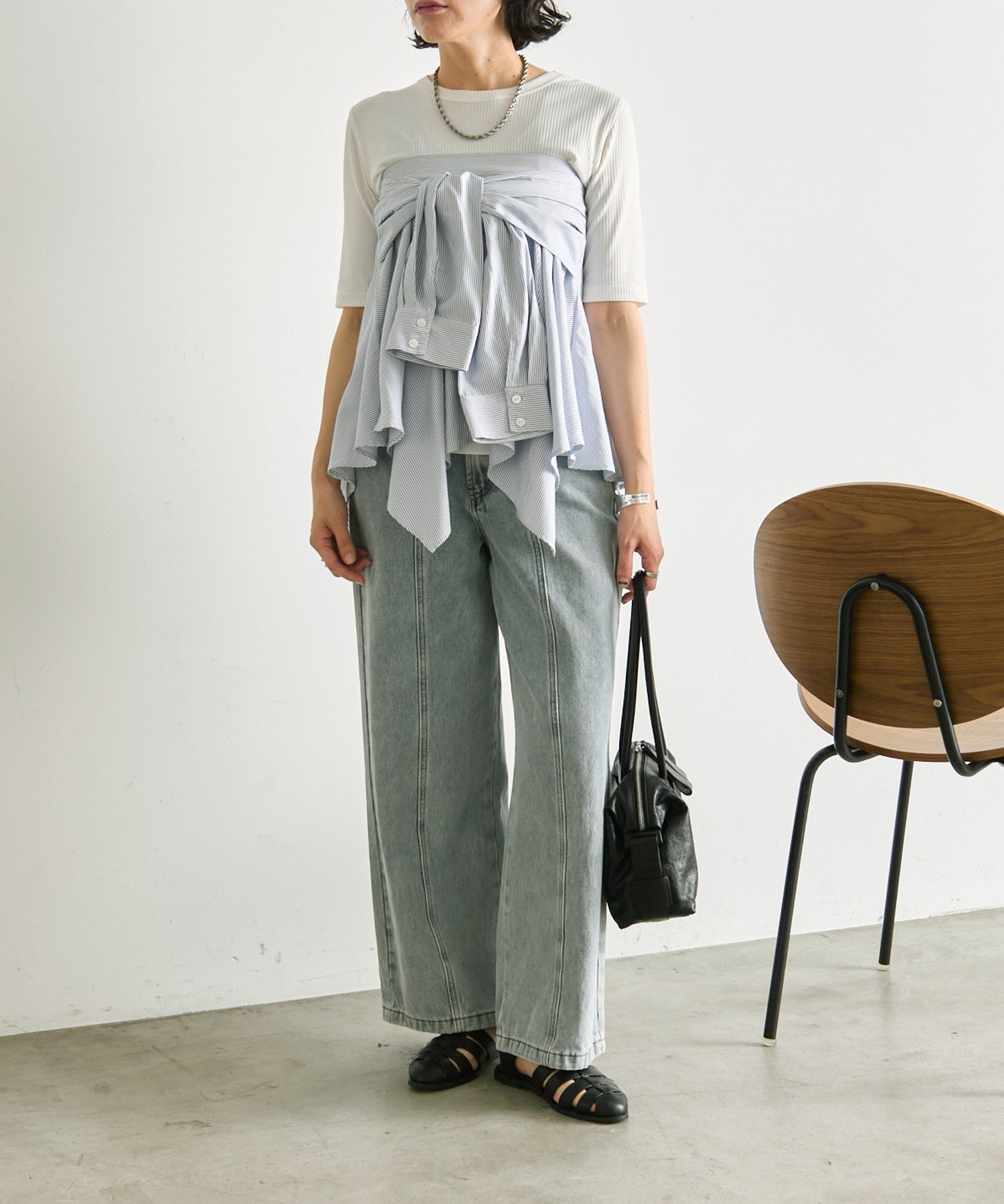 シャツ風レイヤードトップス【SUM1 STYLE】 イア パピヨネ トップス シャツ・ブラウス ブラック