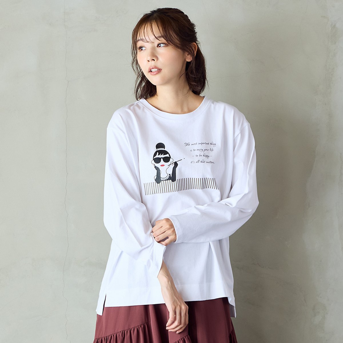 PISANO 【手洗いOK・HAPPY FACEコラボ】エマちゃんメッセージカットソー ピサーノ トップス カットソー・Tシャツ ブラック ブルー ホワイト