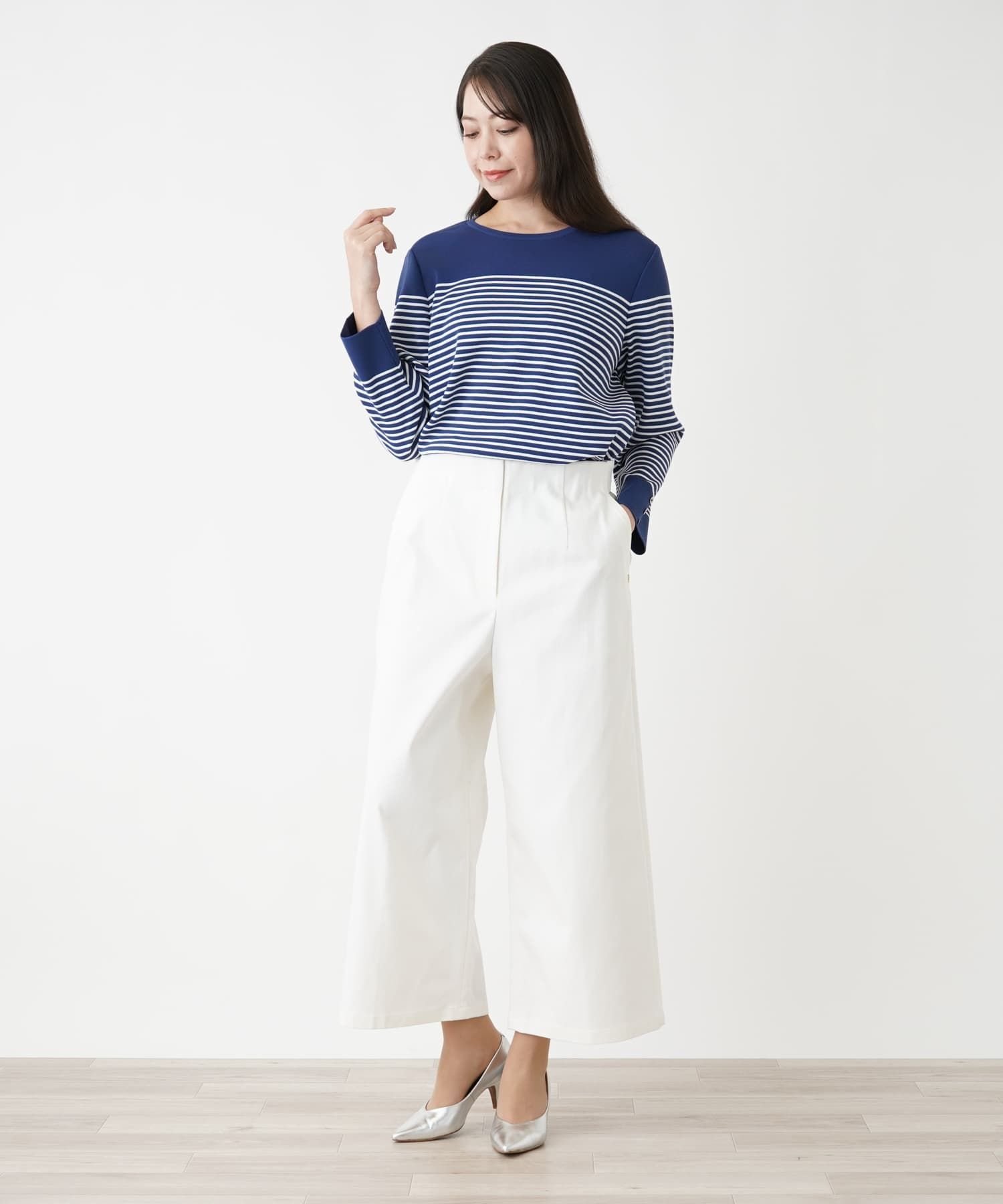 Leilian PLUS HOUSE 【店頭人気】ワイドストレートパンツ レリアン プラスハウス パンツ その他のパンツ ネイビー ホワイト