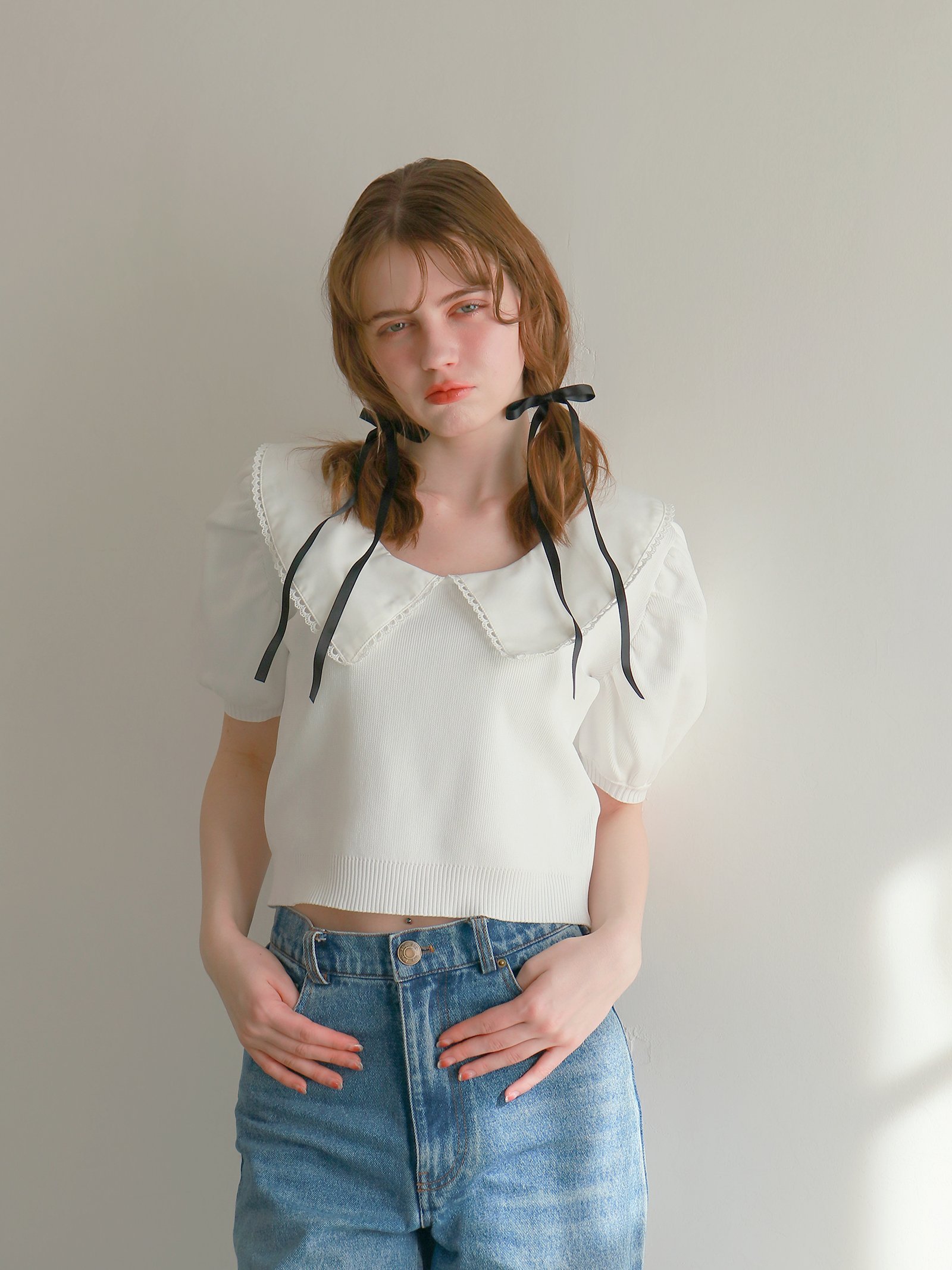 mic by Olu. 【mic】レースカラーパフトップス オルドット トップス カットソー・Tシャツ ホワイト ブラック グレー