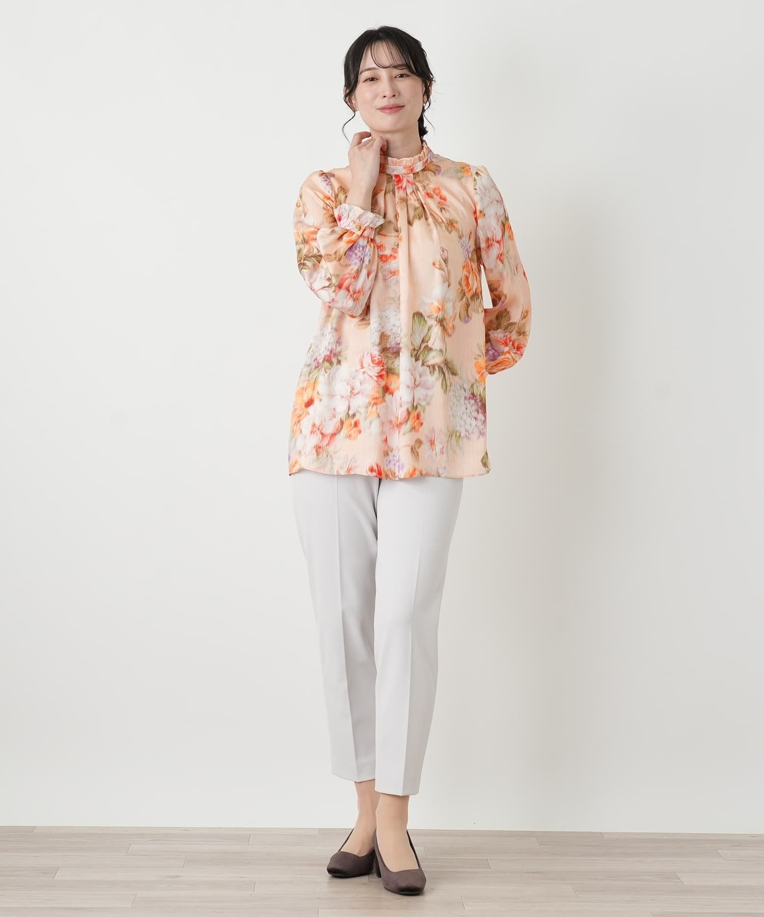 Leilian フラワー柄タックブラウス【ROCHAS Premiere】【ERICA】 レリアン トップス シャツ・ブラウス オレンジ