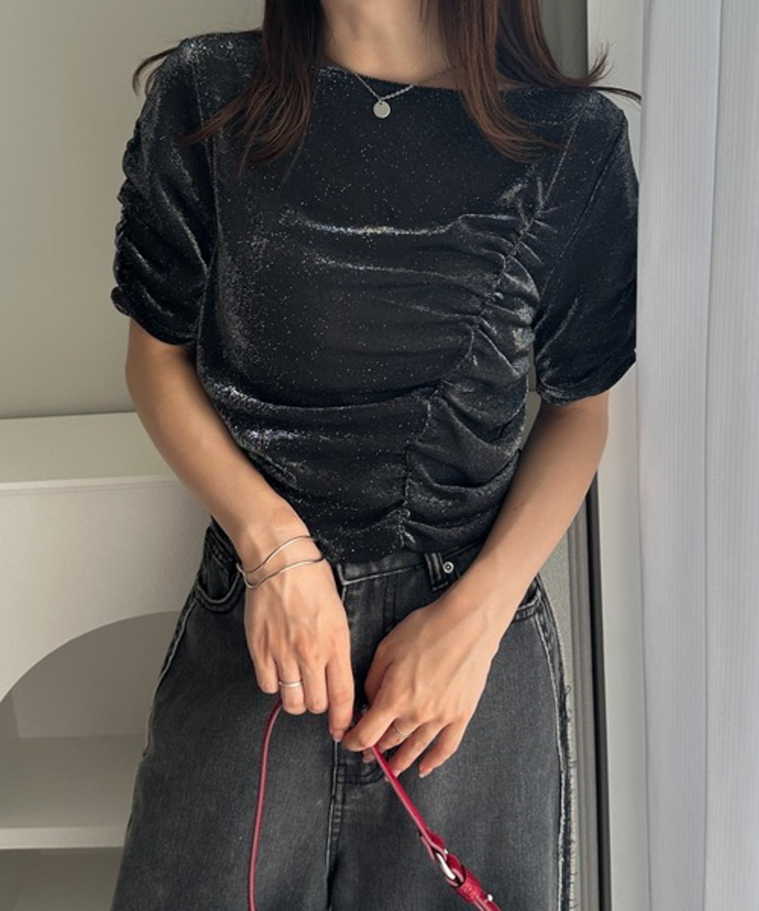 Ranan Ranan/(W)シャーリングラメTシャツ ラナン トップス カットソー・Tシャツ ブラック シルバー ベージュ