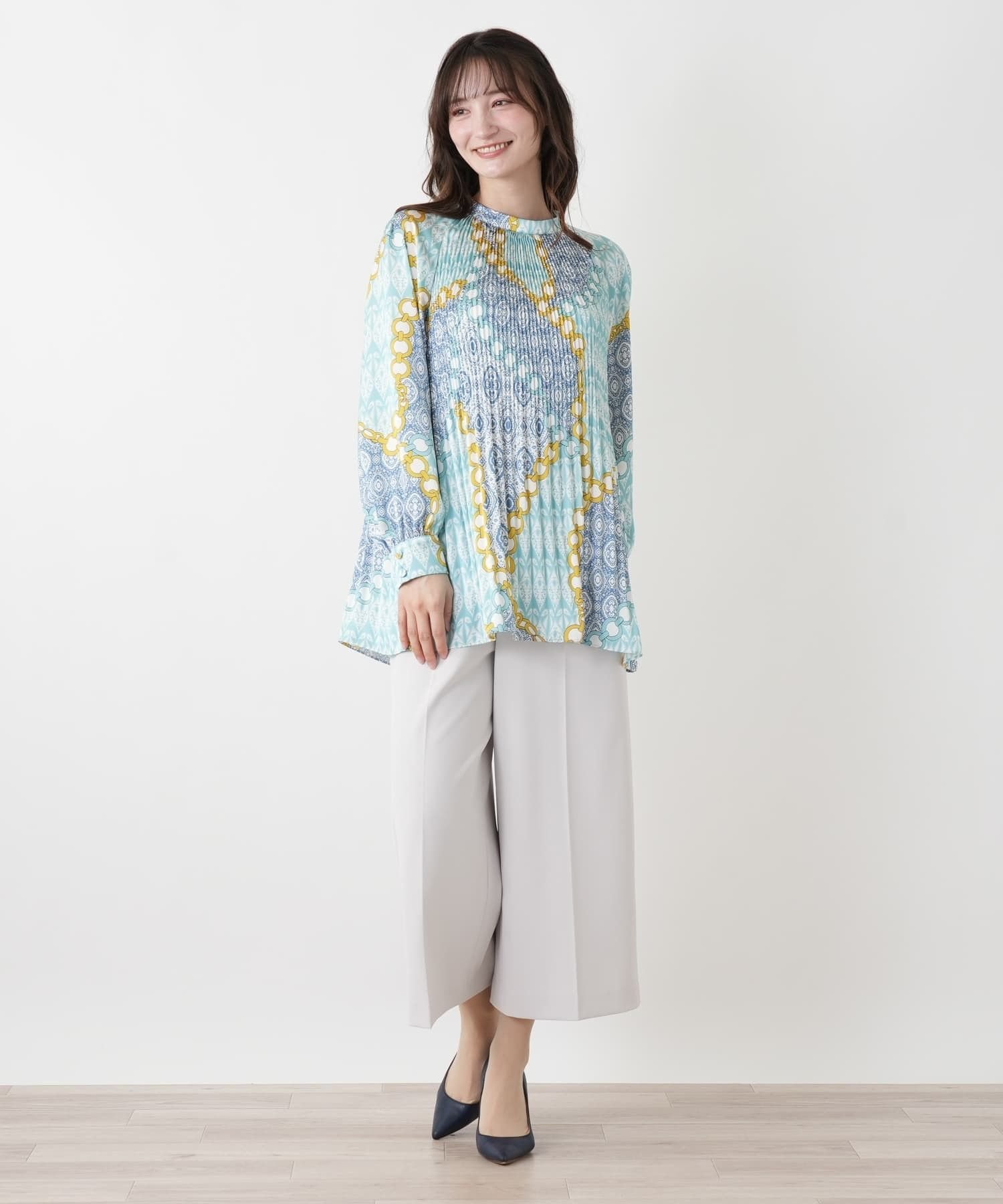 Leilian プリントプリーツブラウス【ROCHAS Premiere】 レリアン トップス シャツ・ブラウス