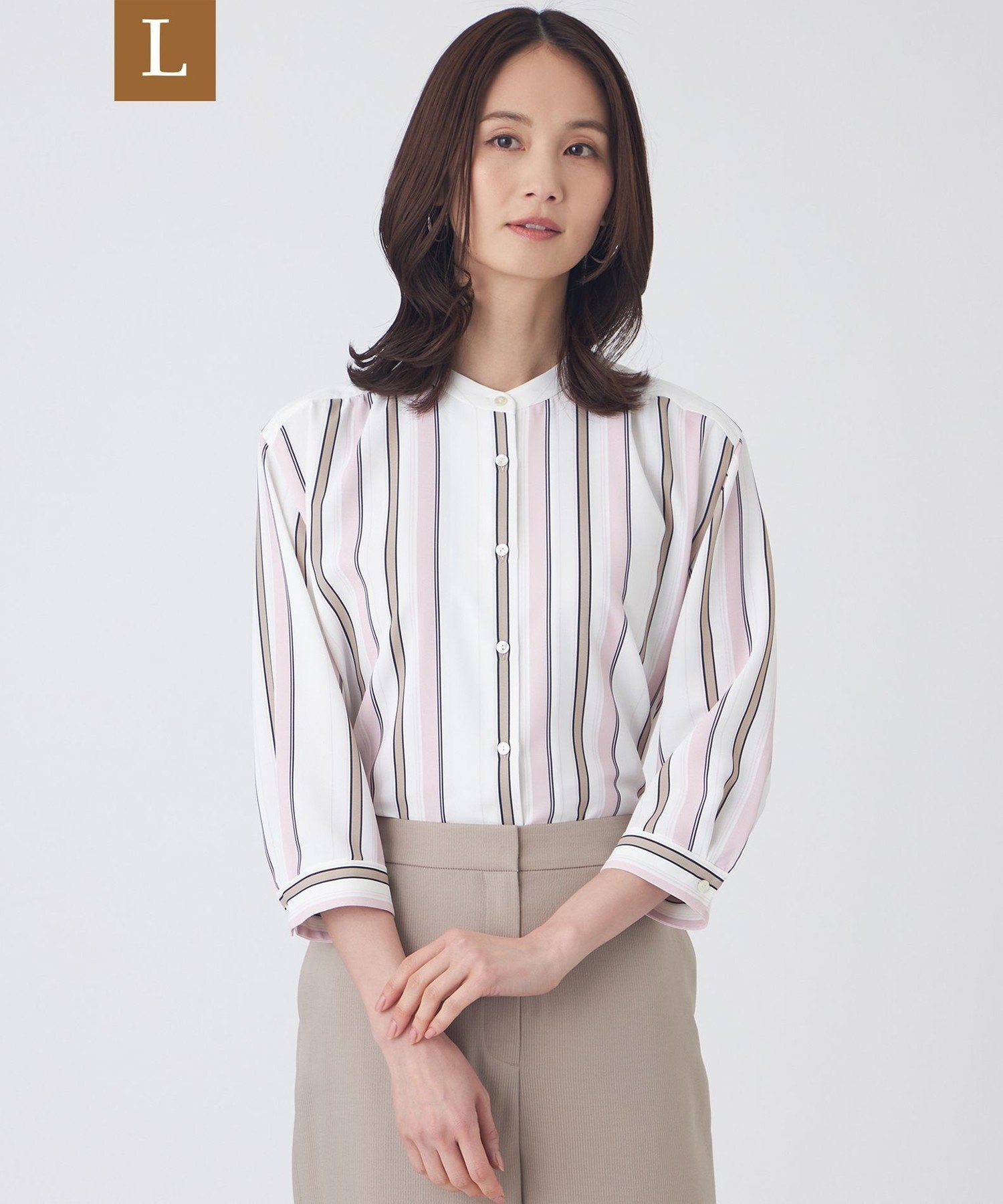 TRANS WORK 【L】【ウォッシャブル】マルチストライププリントブラウス サンヨー エルサイズ トップス シャツ・ブラウス ピンク ネイビー ブルー