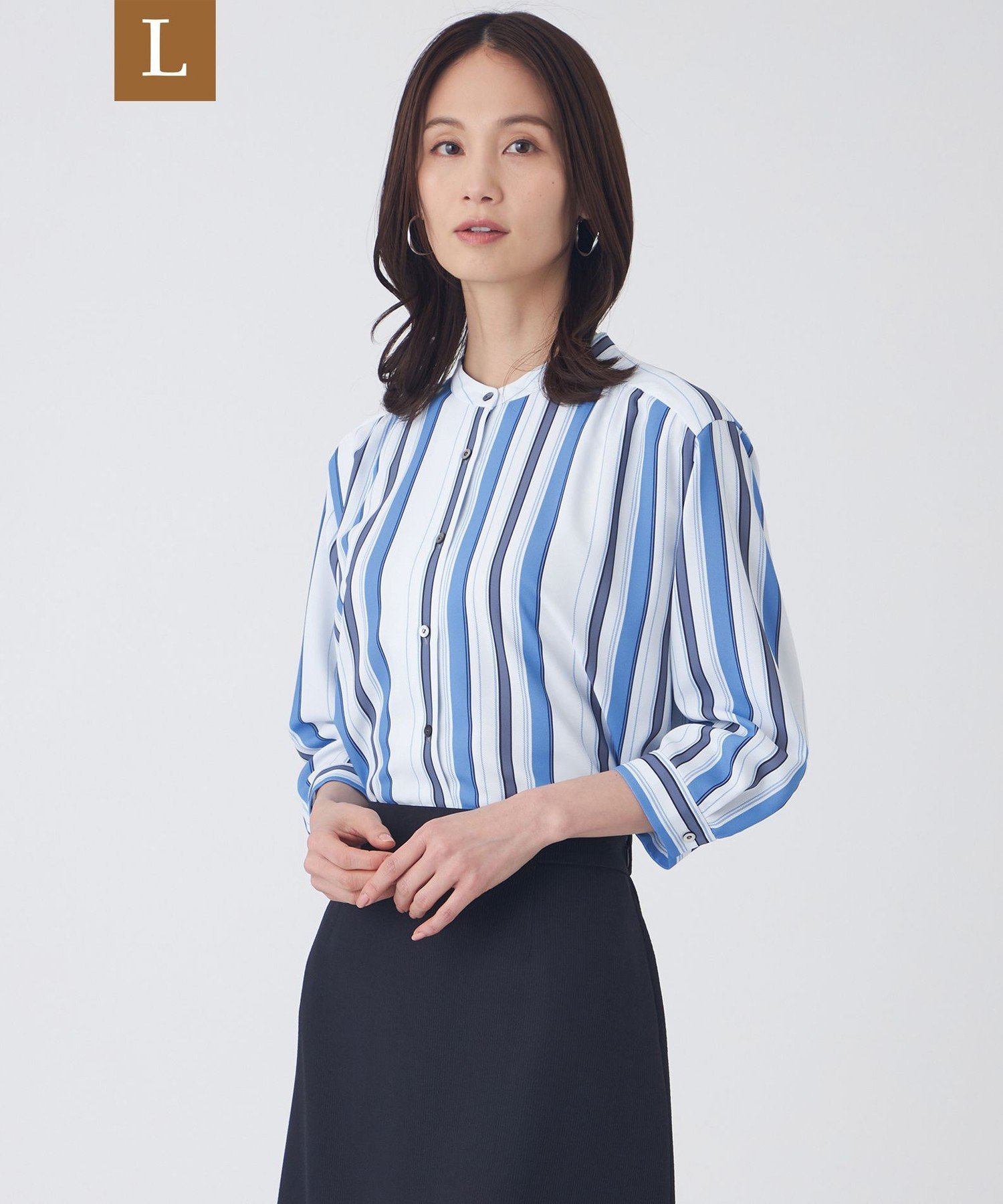 TRANS WORK 【L】【ウォッシャブル】マルチストライププリントブラウス サンヨー エルサイズ トップス シャツ・ブラウス ピンク ネイビー ブルー