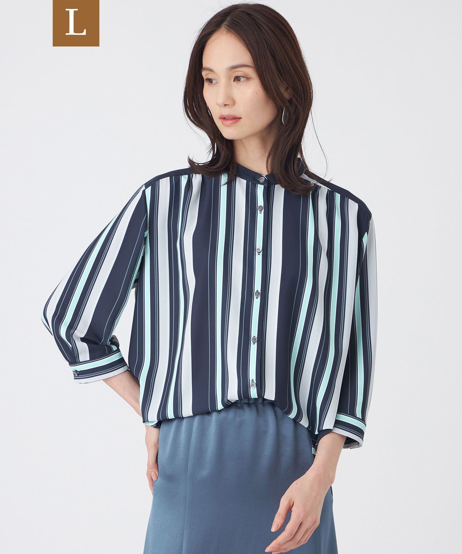TRANS WORK 【L】【ウォッシャブル】マルチストライププリントブラウス サンヨー エルサイズ トップス シャツ・ブラウス ピンク ネイビー ブルー