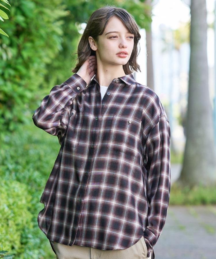 【ウォッシャブル】キュプラウールビエラチェックシャツ ドレステリア トップス シャツ・ブラウス ワインレッド グレー