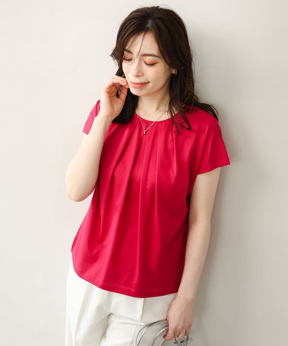 OFUON コットン天竺カットソー/洗える/WEB限定サイズあり オフオン トップス カットソー・Tシャツ ネイビー ピンク ホワイト