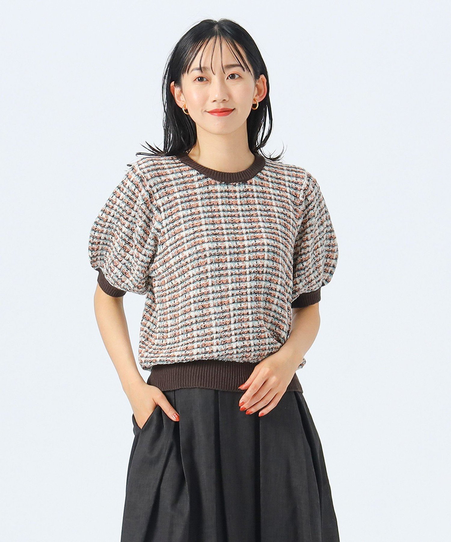 【SALE／40%OFF】BEAMS HEART WOMEN 【秋まで使える】【手洗い可】カラフル チェック ニット 25AW クルーネック 半袖 秋色 ビームス ハート トップス ニット ネイビー