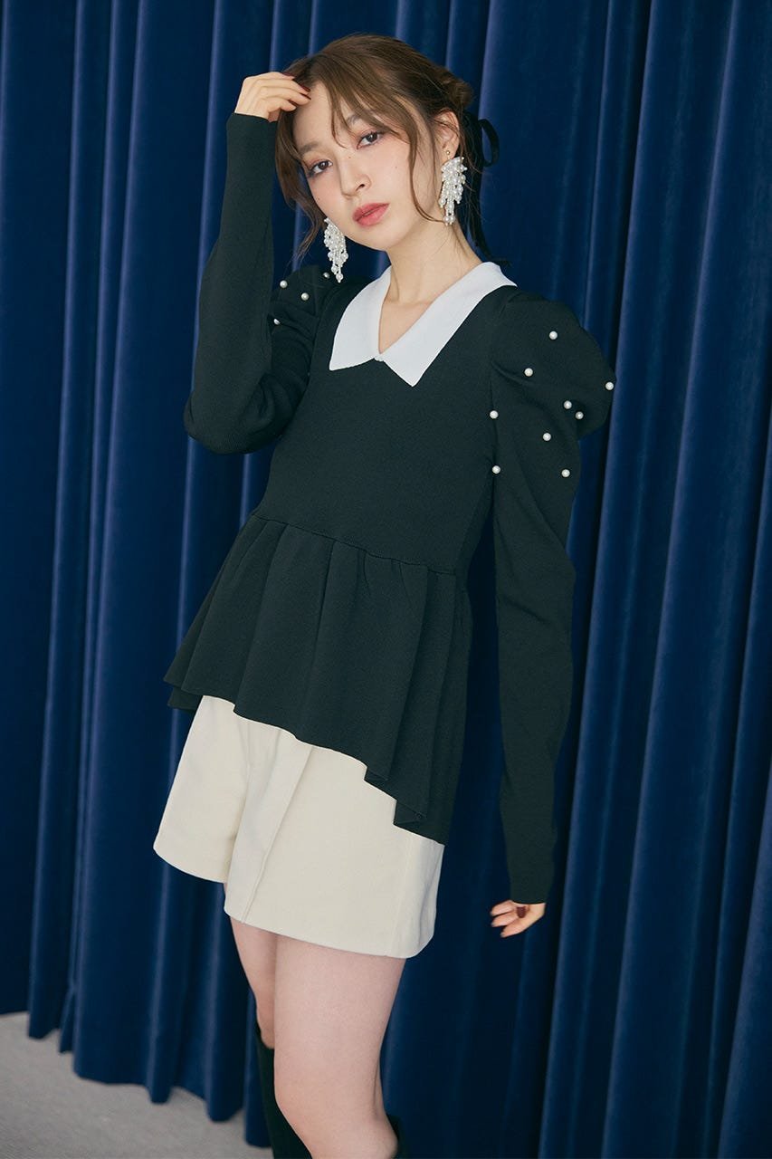 rienda パール付きペプラムニットトップス リエンダ トップス ニット ブラック ベージュ【送料無料】