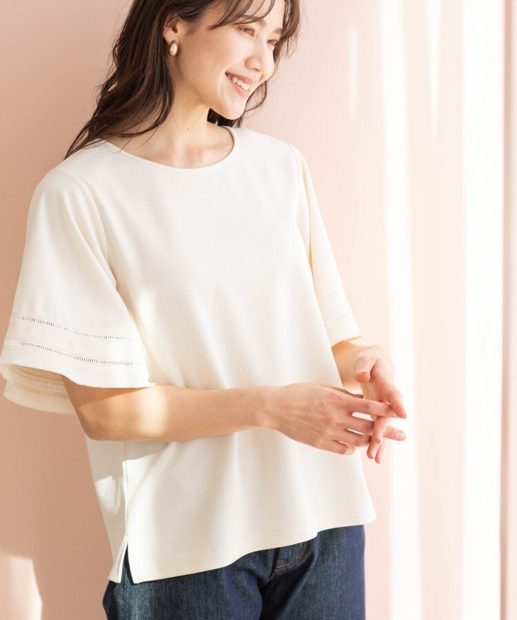 SHOO・LA・RUE ハシゴレースフレアスリーブTシャツ シューラルー トップス カットソー・Tシャツ ブラック ホワイト
