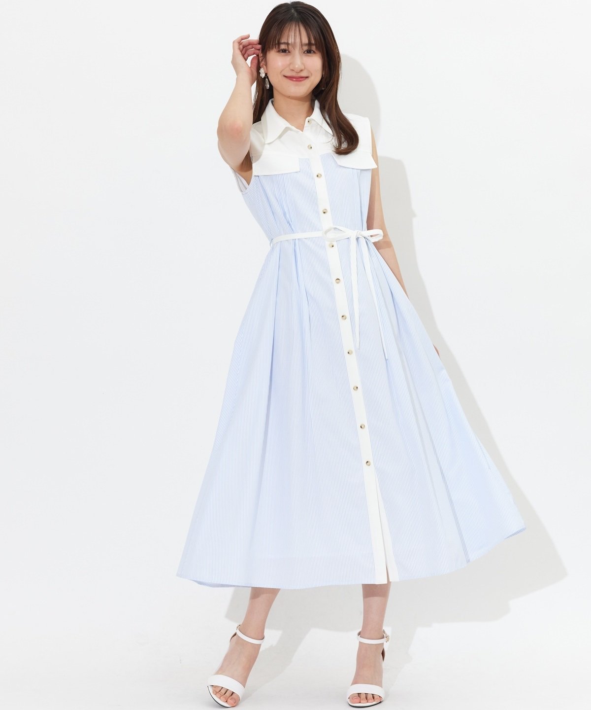 Swingle ストライプ異素材切替シャツワンピース スウィングル ワンピース・ドレス その他のワンピース・ドレス ホワイト ネイビー ブラック【送料無料】のサムネイル