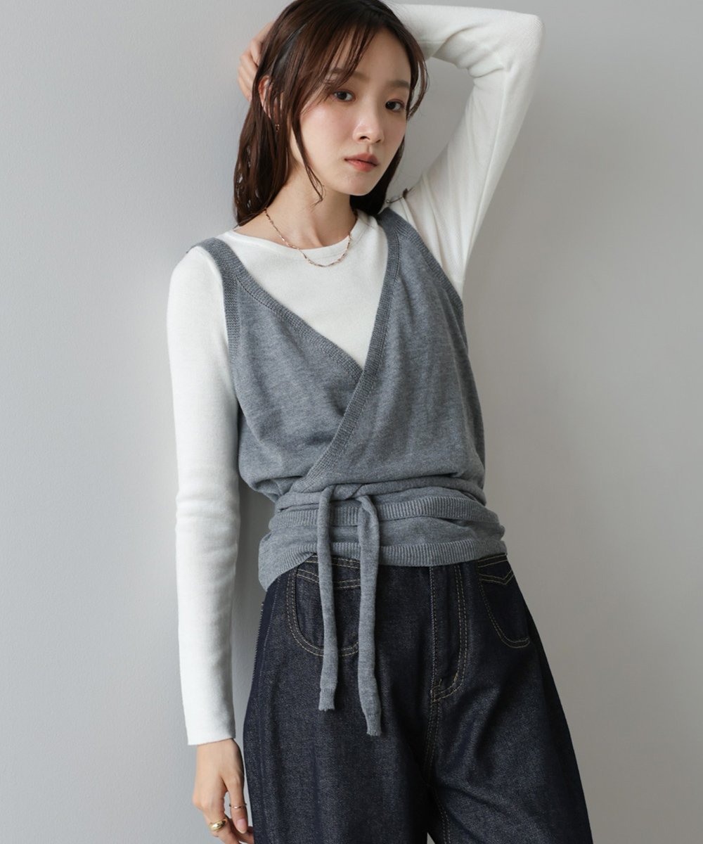 【SALE／10%OFF】Bab カシュクールベストSETニット バブ / ブージュルード トップス ベスト・ジレ グレー ブラウン ブラック【送料無料】のサムネイル