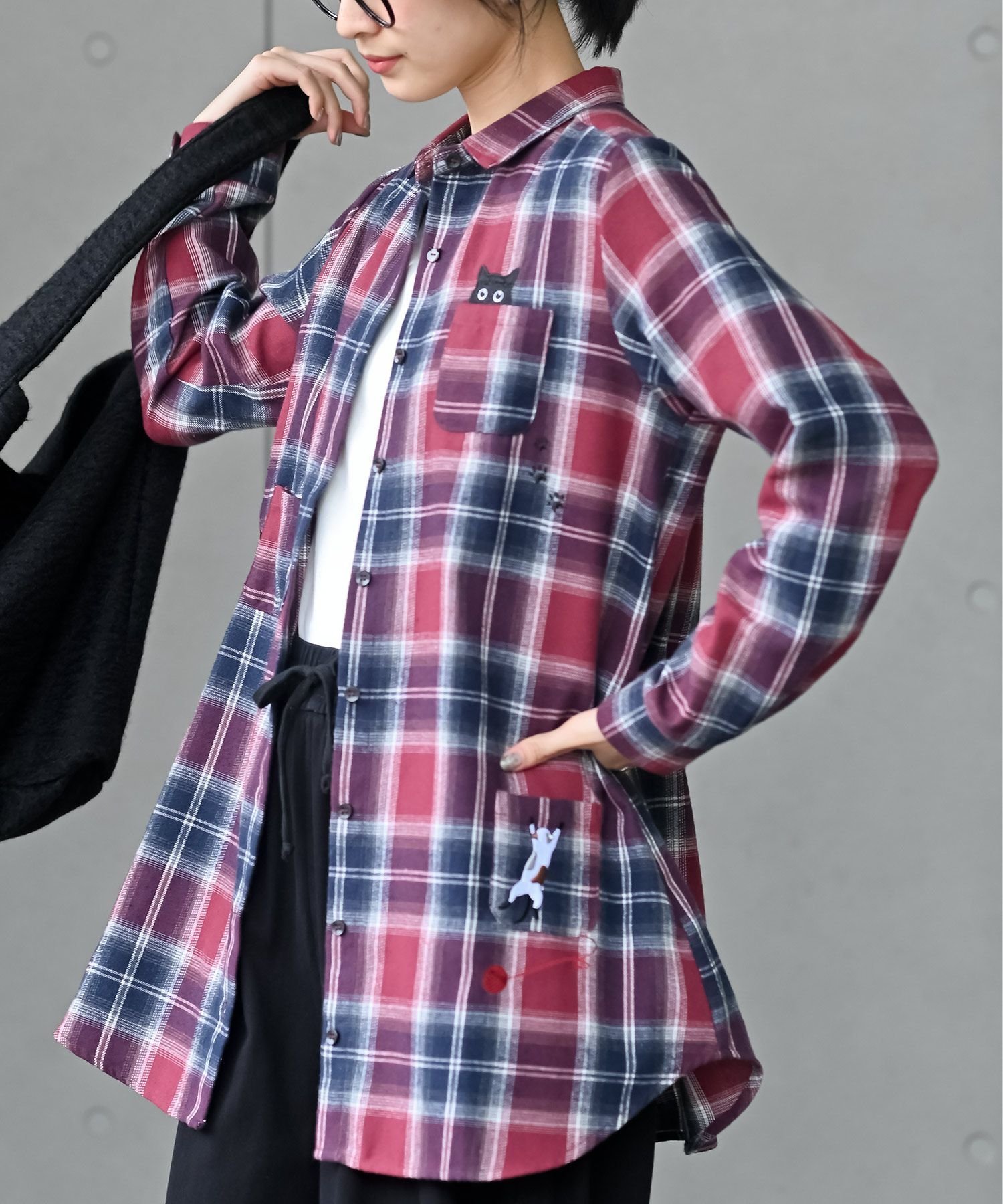 rps ねこだらけ3ポケットシャツチュニック アールピーエス ワンピース・ドレス チュニック グレー ワイ..