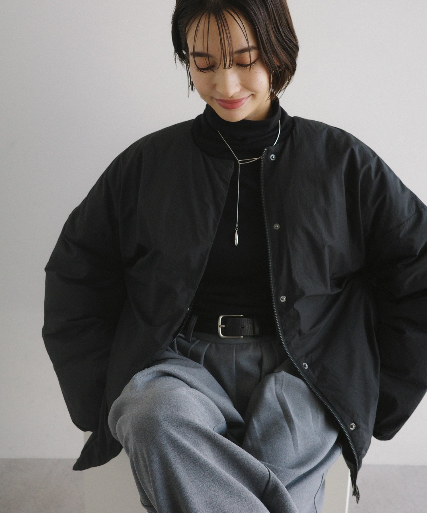 evernavy ノーカラー サイドジップ ダウンジャケット evernavy エバーネイビー アンドミー ジャケット・アウター その他のジャケット・アウター ブラック ブラウン グレー【送料無料】のサムネイル