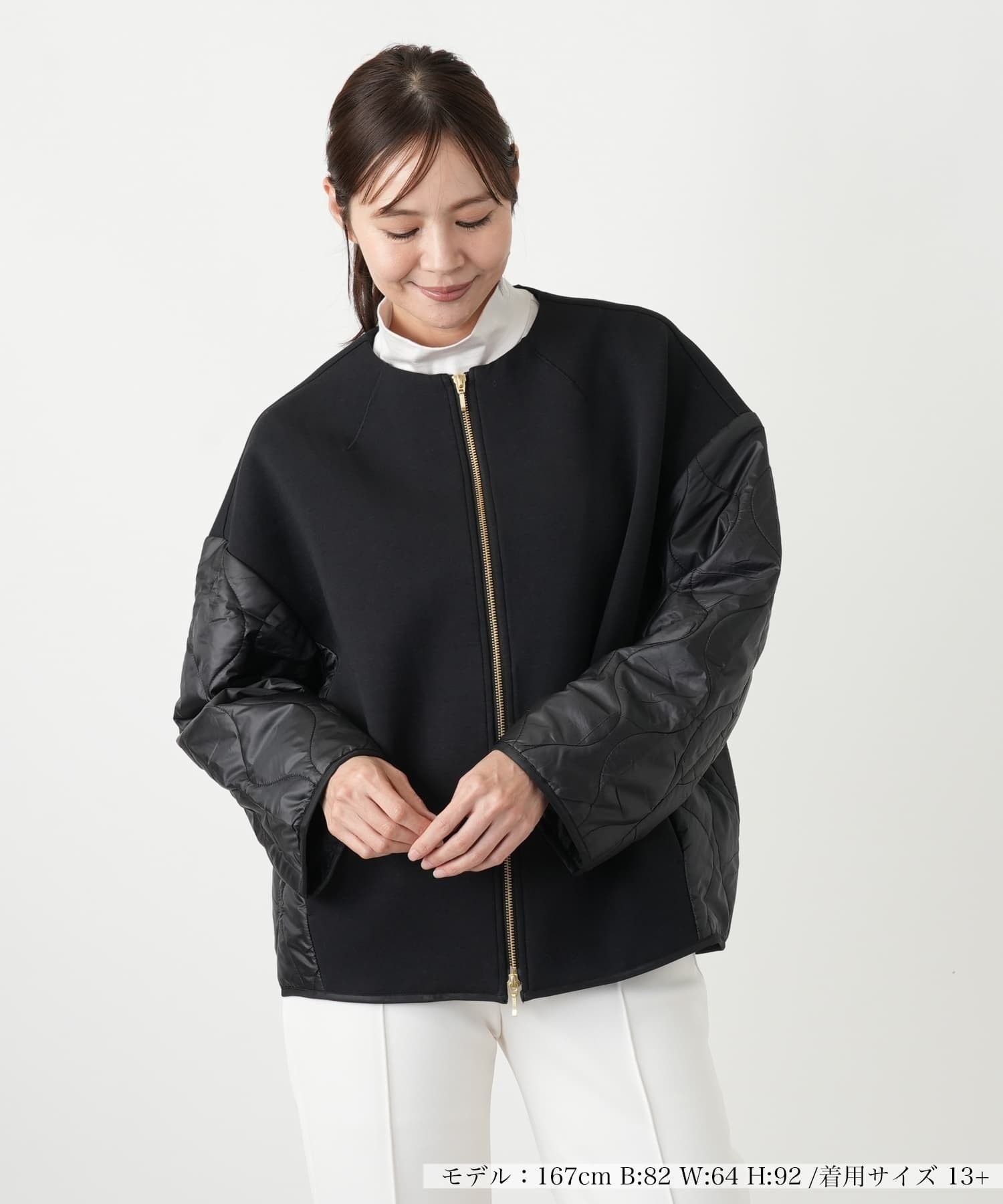 Leilian PLUS HOUSE 異素材切り替えノーカラーブルゾン レリアン プラスハウス ジャケット・アウター ブルゾン・ジャンパー ブラック