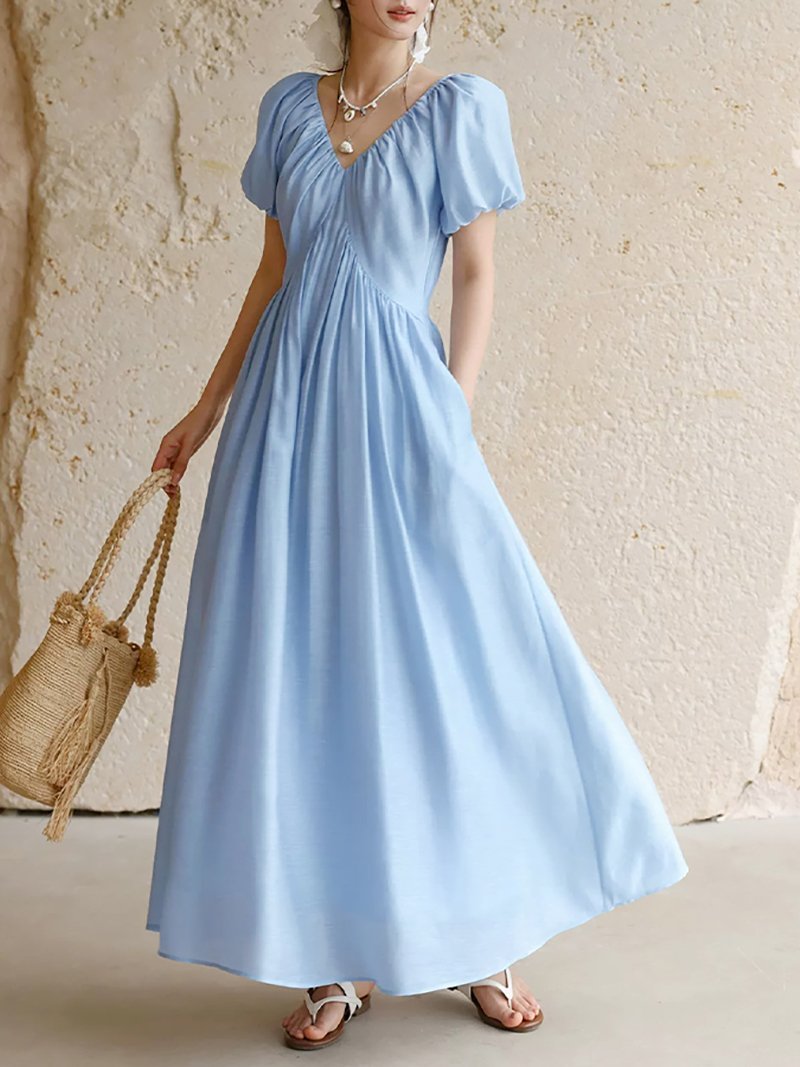 Doux Belle ギャザーフレアロングワンピース レディース ワンピース ドゥー・ベル ワンピース・ドレス チュニック ネイビー ホワイト ブルー【送料無料】