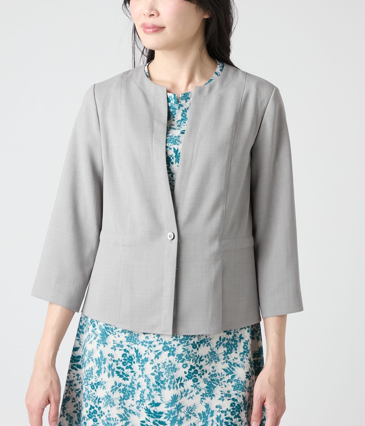 NEWYORKER WOMEN L-SIZE 【L】ポリエステル変形バスケット ジャケット見えドロストブラウス ニューヨーカー エルサイズ トップス シャツ・ブラウス グレー