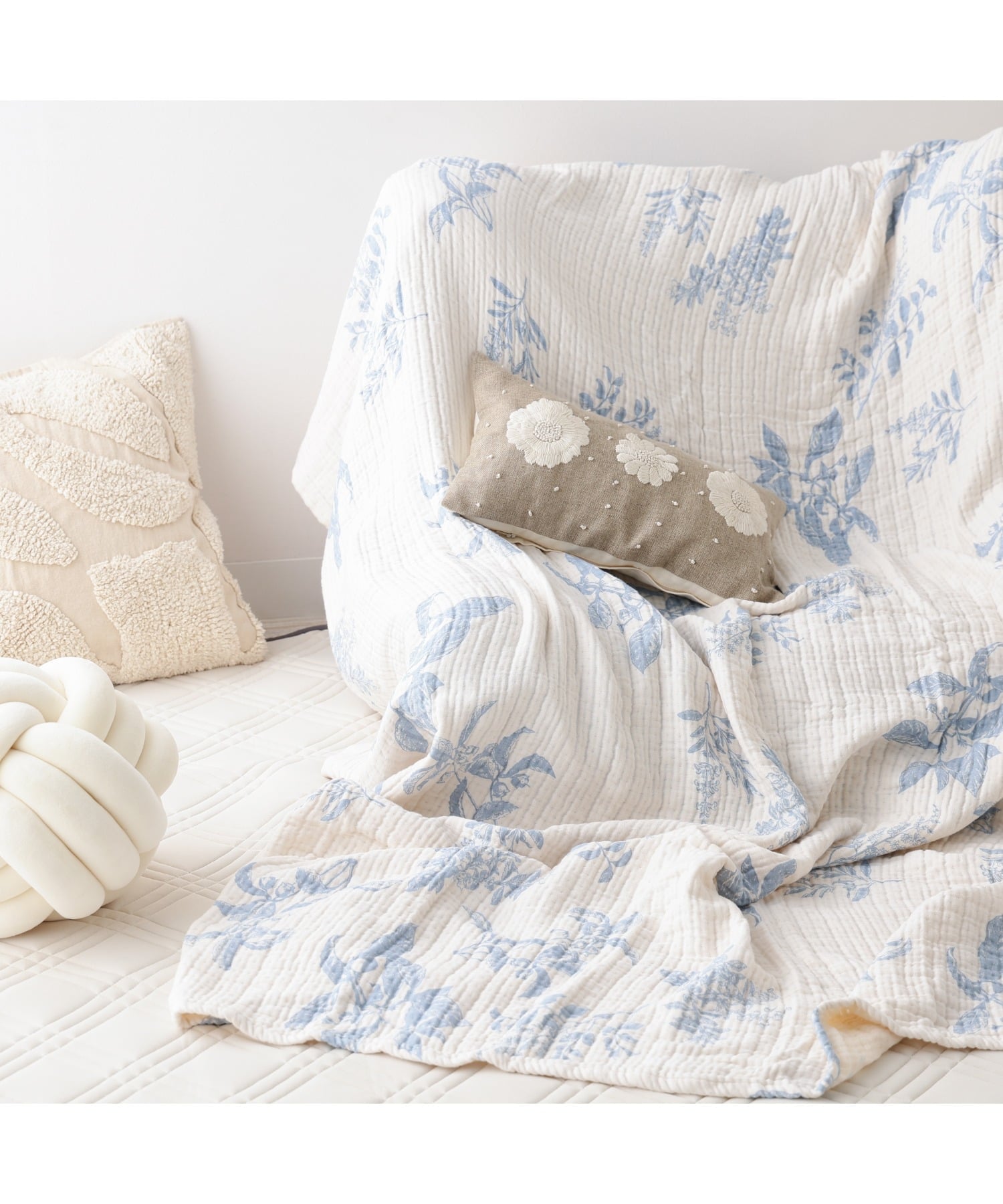 Cotton Blankets - Francfranc ボタニカル ガーゼケット シングル アイボリー*ライトブルー ブランケット 春夏 フランフラン インテリア・生活雑貨 ブランケット・ひざ掛け【送料無料】
