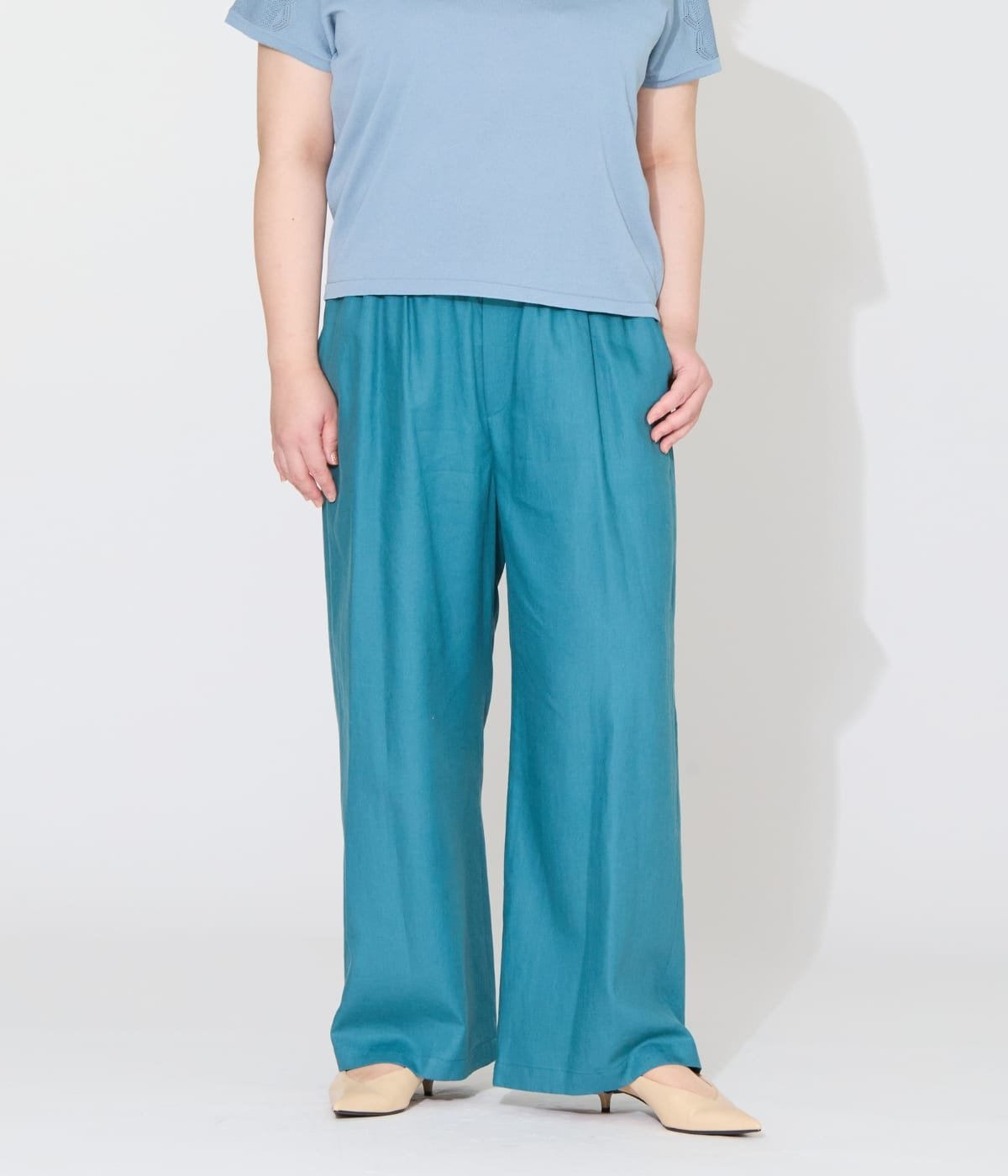 NEWYORKER WOMEN L-SIZE 【L】リネン混プレーンウィーブ ドロストイージーパンツ ニューヨーカー エルサイズ パンツ その他のパンツ グリーン ネイビー