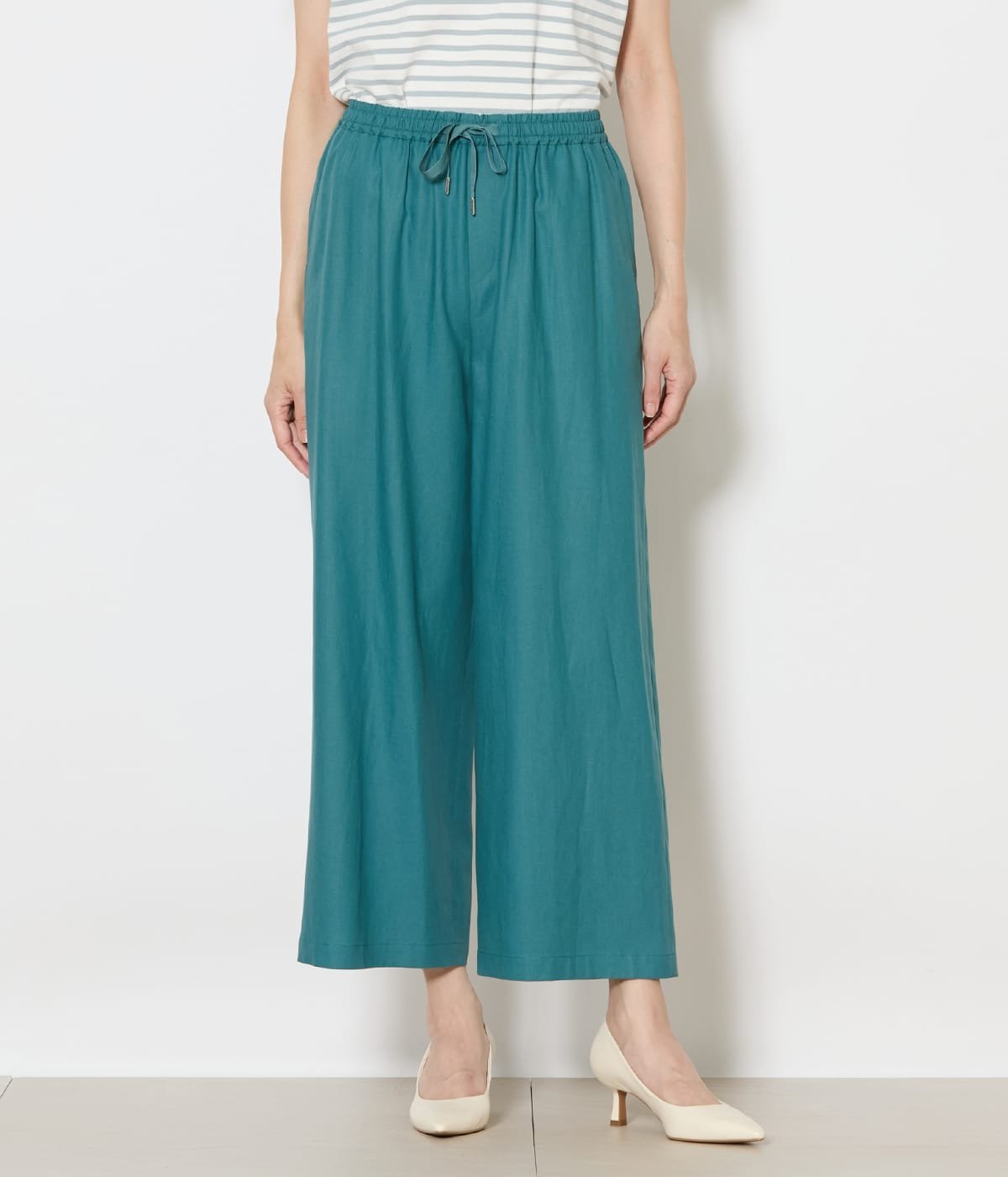 NEWYORKER WOMEN L-SIZE 【L】リネン混プレーンウィーブ ドロストイージーパンツ ニューヨーカー エルサイズ パンツ その他のパンツ グリーン ネイビー