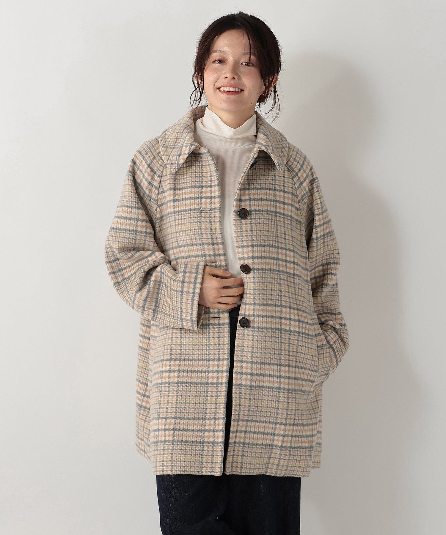 Afternoon Tea LIVING チェックステンカラーシャギーコート アフタヌーンティー・リビング ジャケット..