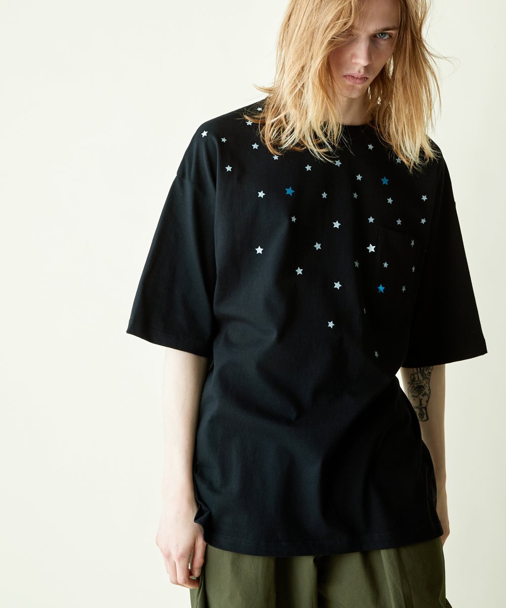rehacer rehacer:Star Drop Wide T レアセル トップス カットソー・Tシャツ ブラック ホワイト