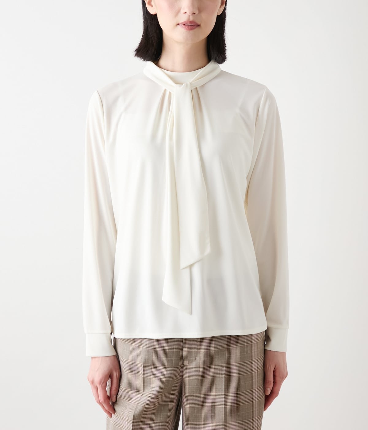 NEWYORKER WOMEN ポリエステル強撚スムース ボウタイ付きハイネックカットソープルオーバー ニューヨーカー トップス カットソー・Tシャツ ブラック ホワイト