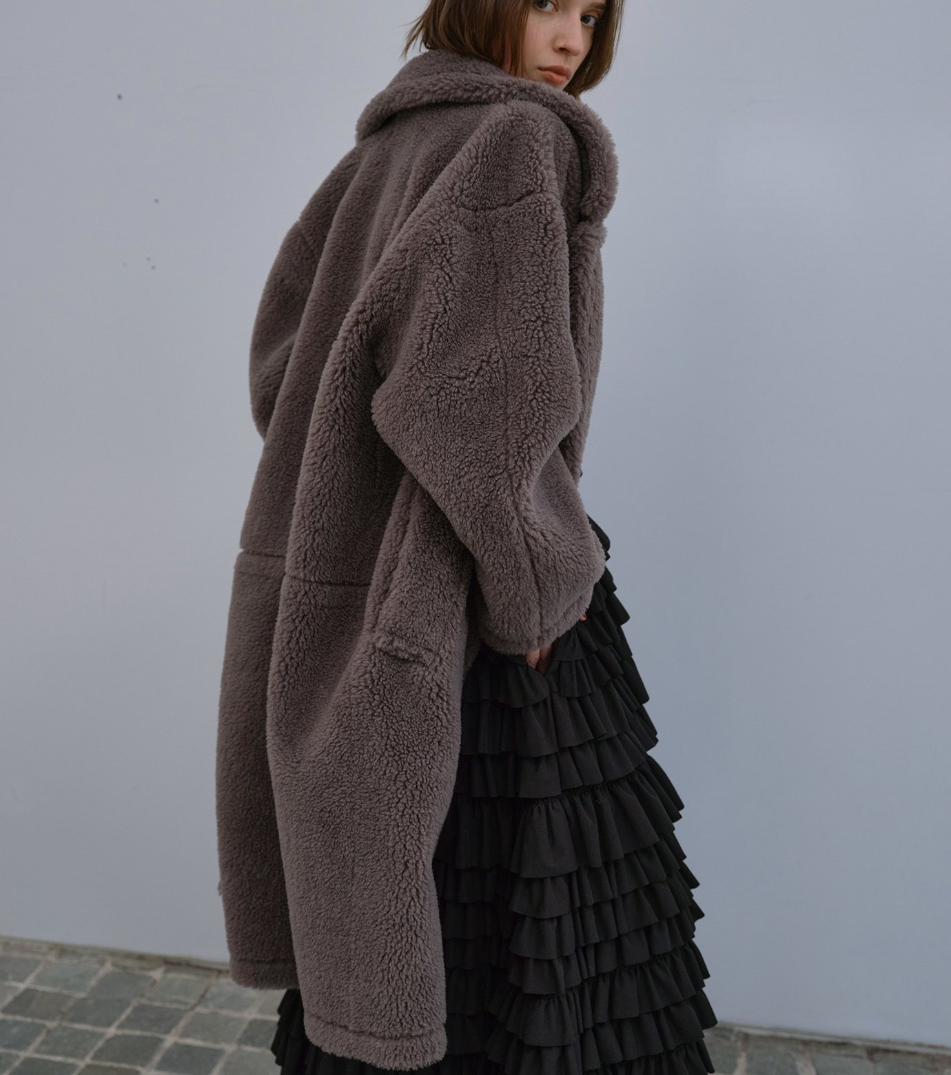 LE CIEL BLEU フェイクシアリングコクーンコート / Faux Shearling Cocoon Coat ルシェルブルー ジャケット・アウター その他のジャケット・アウター ブラウン グレー