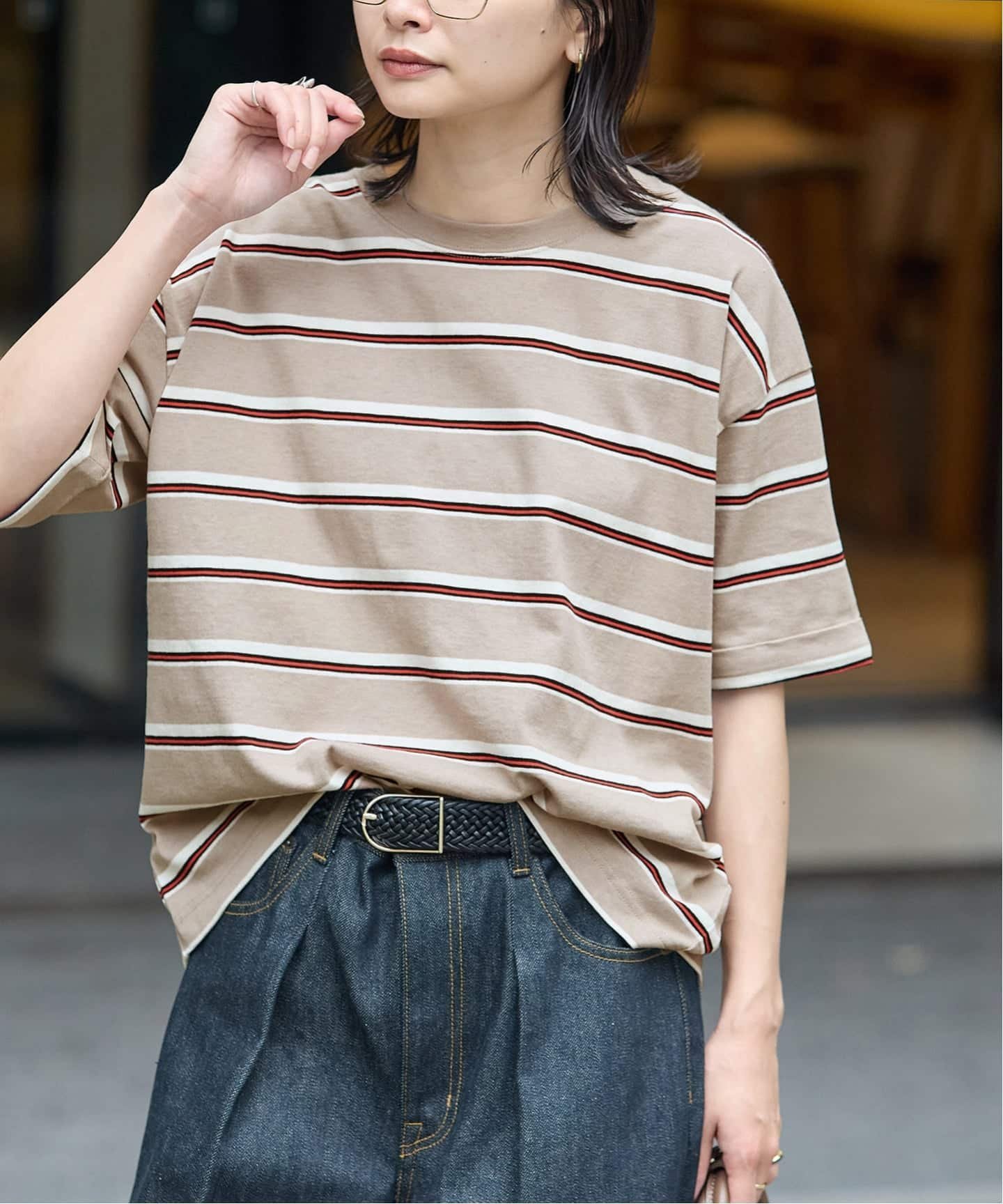 JOURNAL STANDARD 《追加2》汗ジミ防止ボーダービッグT ジャーナル スタンダード トップス カットソー・Tシャツ ブラック ブラウン ベージュ レッド