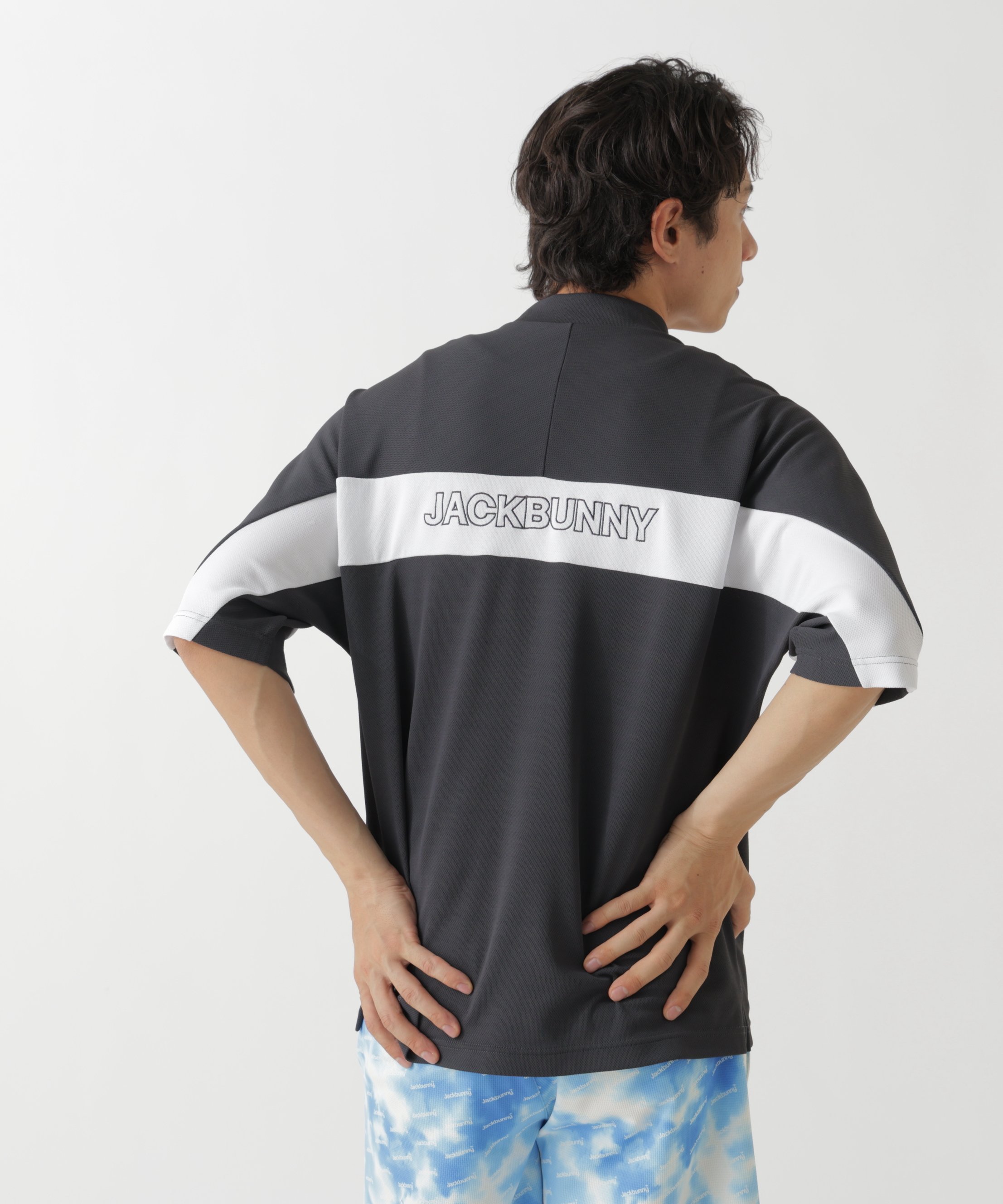 Jack Bunny!! PEメッシュ半袖モックネックカットソー ジャックバニー トップス その他のトップス ブルー グレー ホワイト