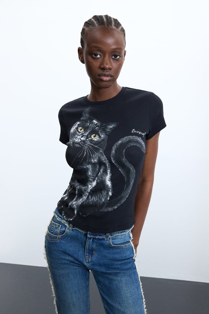 ブラックキャットプリントTシャツ デシグアル トップス カットソー・Tシャツ ブラック