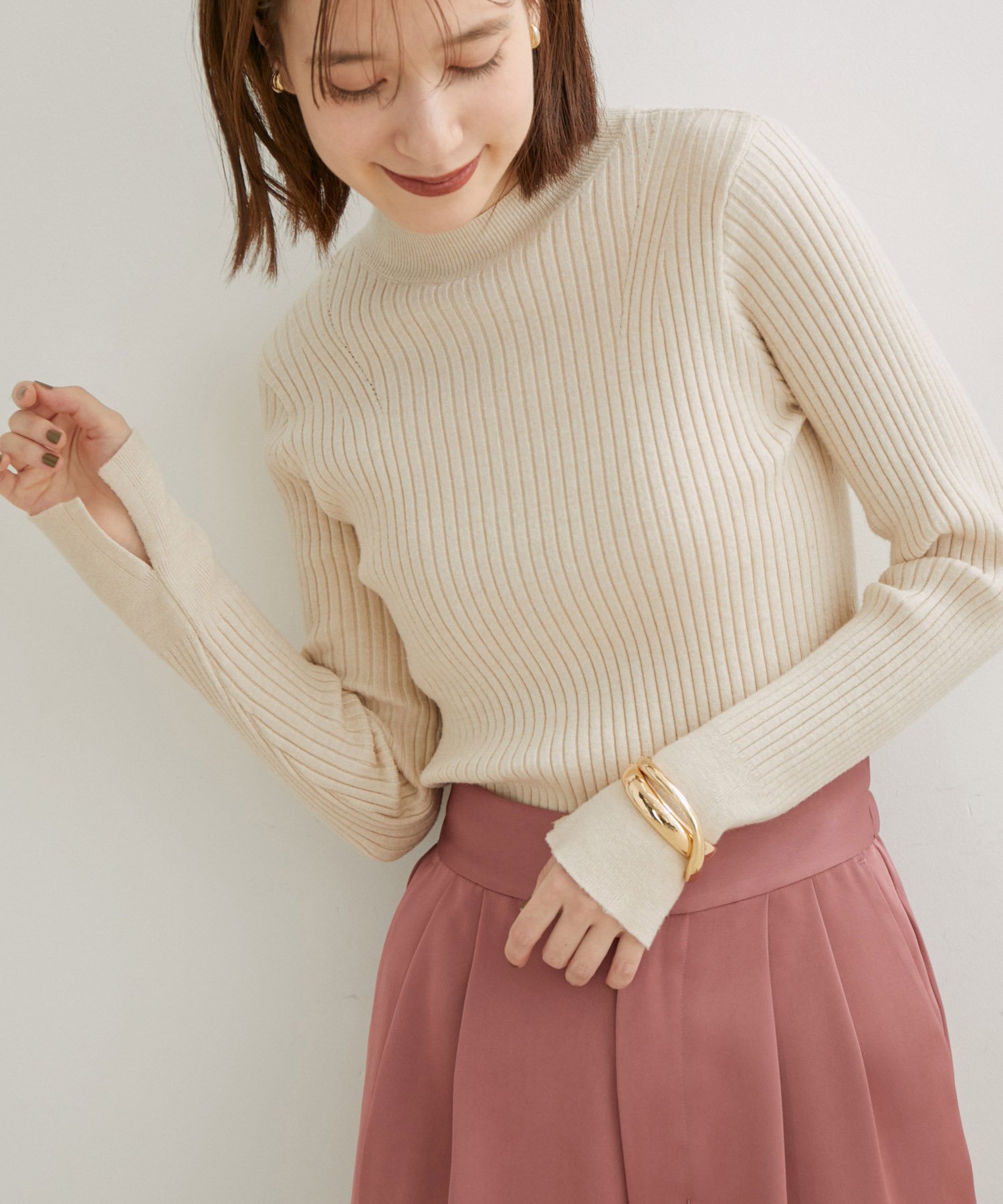VIS 【吸湿発熱・エコベロ】リブ切替ハイネックニットプルオーバー【sustainable】 ビス トップス ニット オレンジ ピンク グリーン イエロー ホワイト グレー ブラック