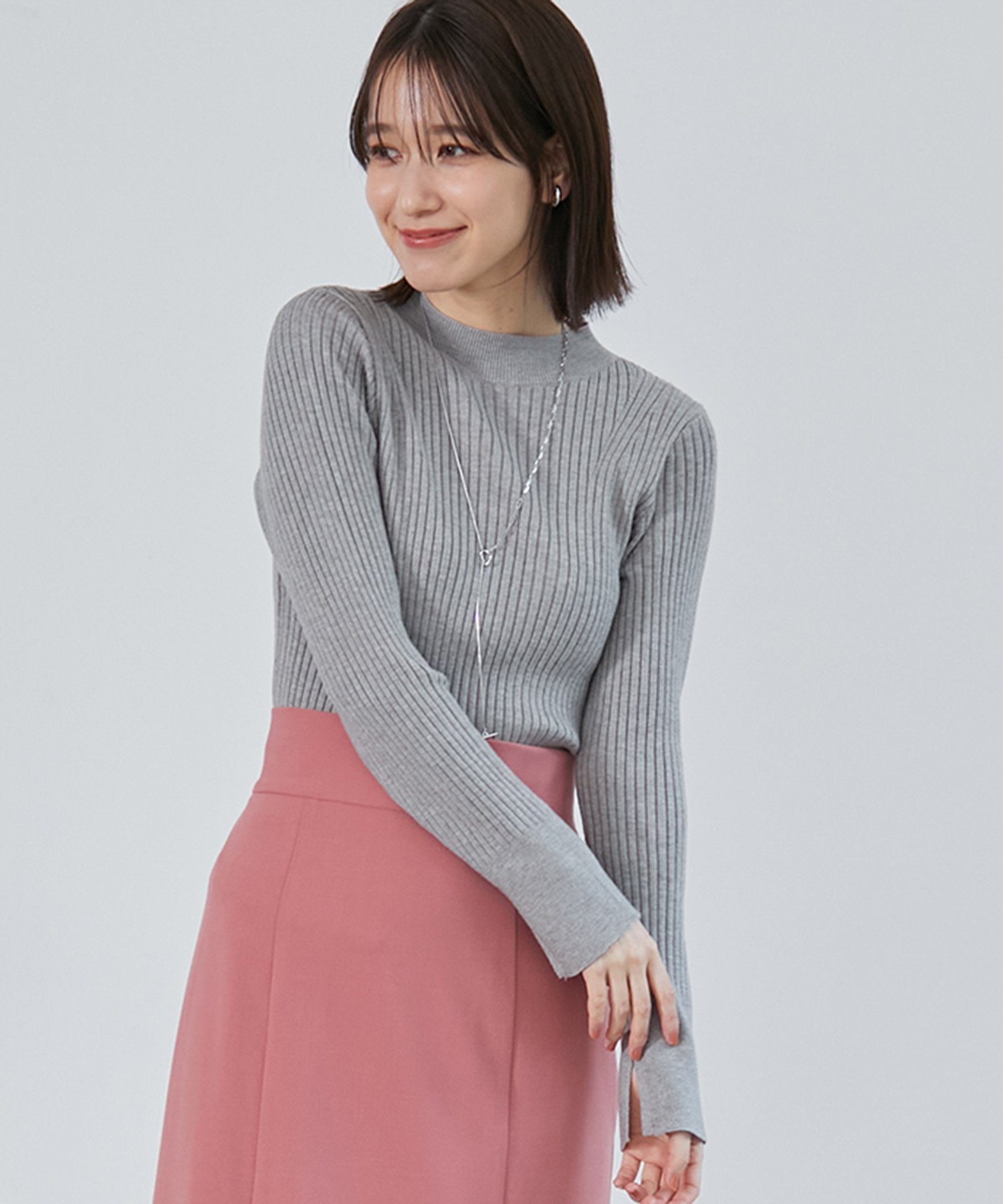 VIS 【吸湿発熱・エコベロ】リブ切替ハイネックニットプルオーバー【sustainable】 ビス トップス ニット オレンジ ピンク グリーン イエロー ホワイト グレー ブラック