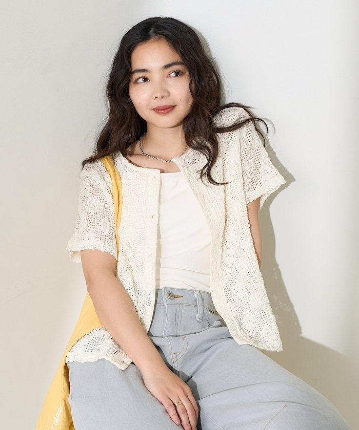 【SALE／10%OFF】FREAK'S STORE 2WAYフラワーメッシュ半袖カーディガン 25SS フリークスストア トップス カットソー・Tシャツ ホワイト ブラック【送料無料】のサムネイル