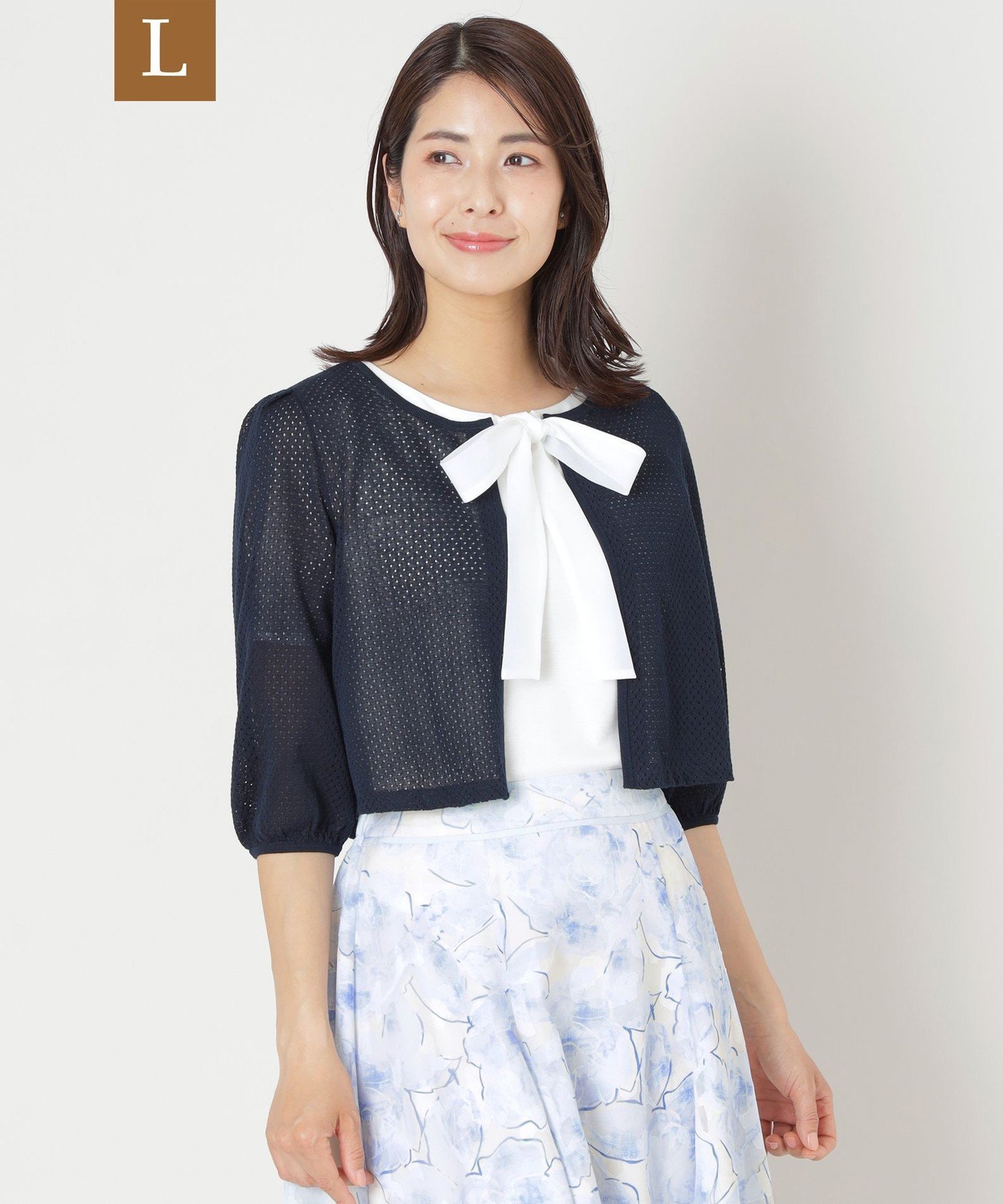 【SALE／60%OFF】TO BE CHIC 【L】アイレット透かし編み ニットボレロ サンヨー エルサイズ トップス ニット ネイビー ピンク ホワイト【送料無料】