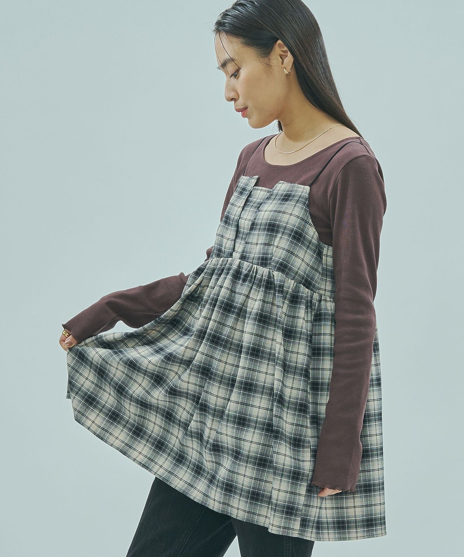 ROSE BUD CHECK STRAP CAMI ローズバッド トップス シャツ・ブラウス ブラウン ブラック