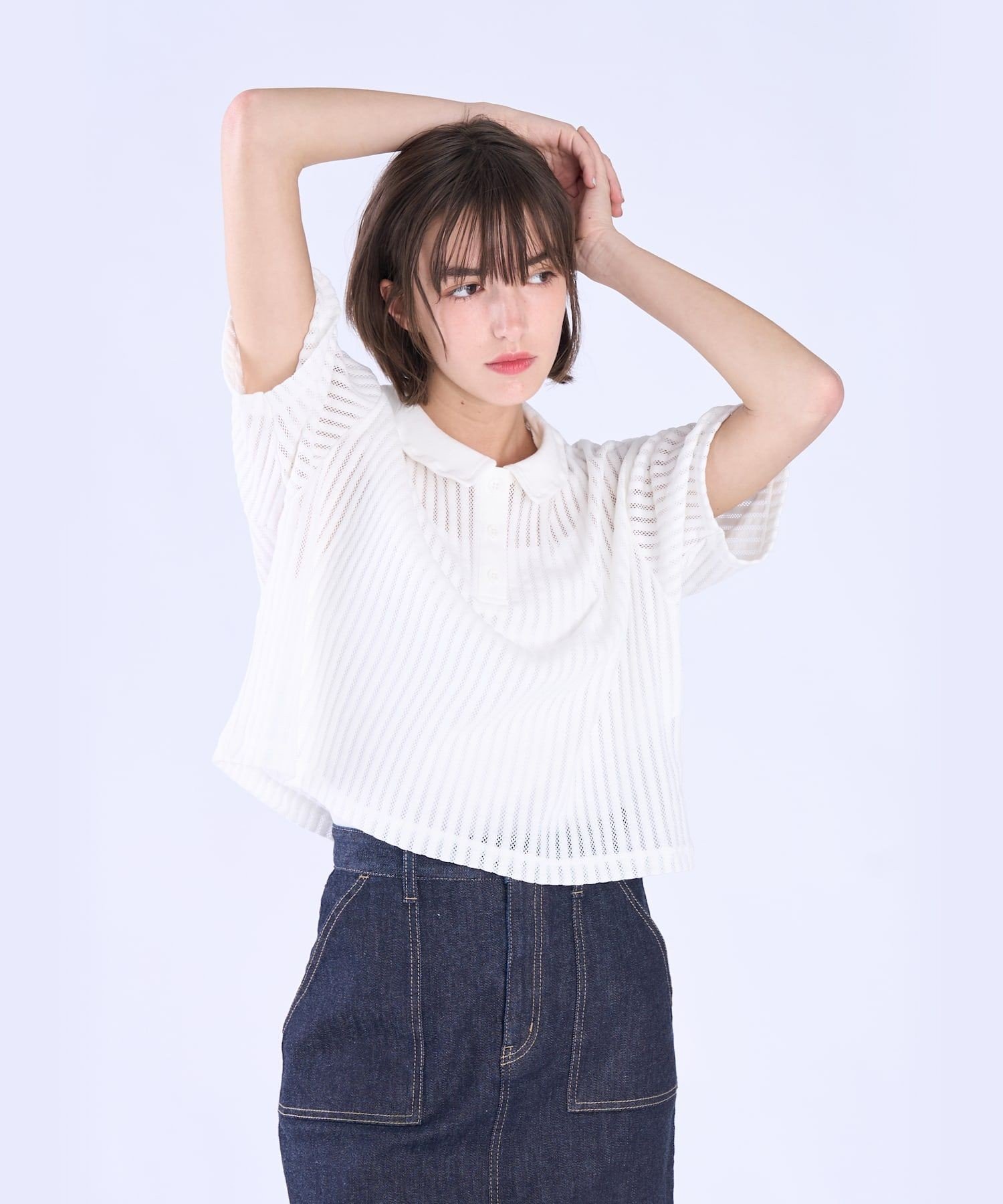 . ラッフルメッシュ ストライプ ポロシャツ アニエスベー トップス カットソー・Tシャツ ホワイト