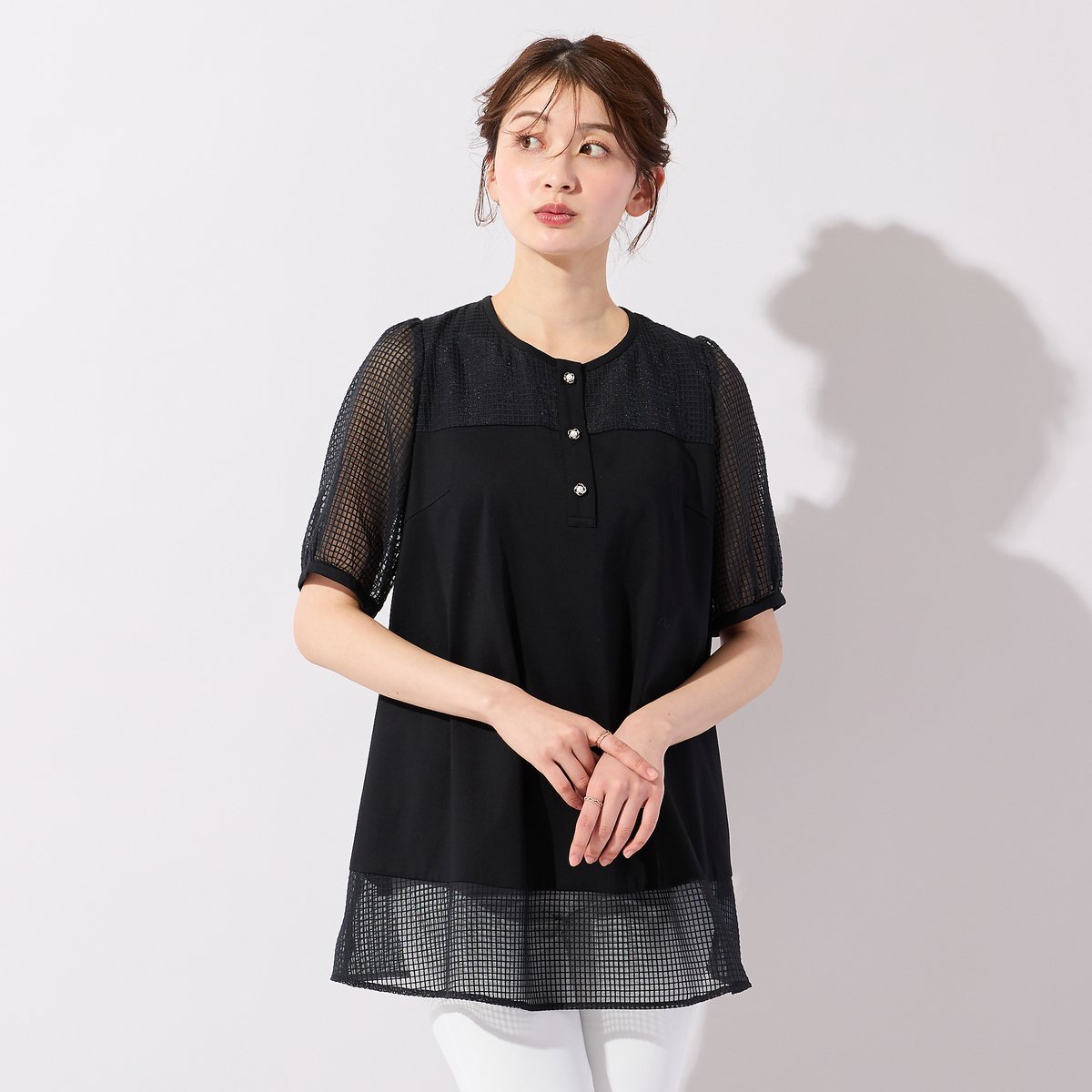 Rose Tiara 【接触冷感/UVカット】シアーチェック切替カットソー ローズティアラ トップス カットソー・Tシャツ ブラック ホワイト